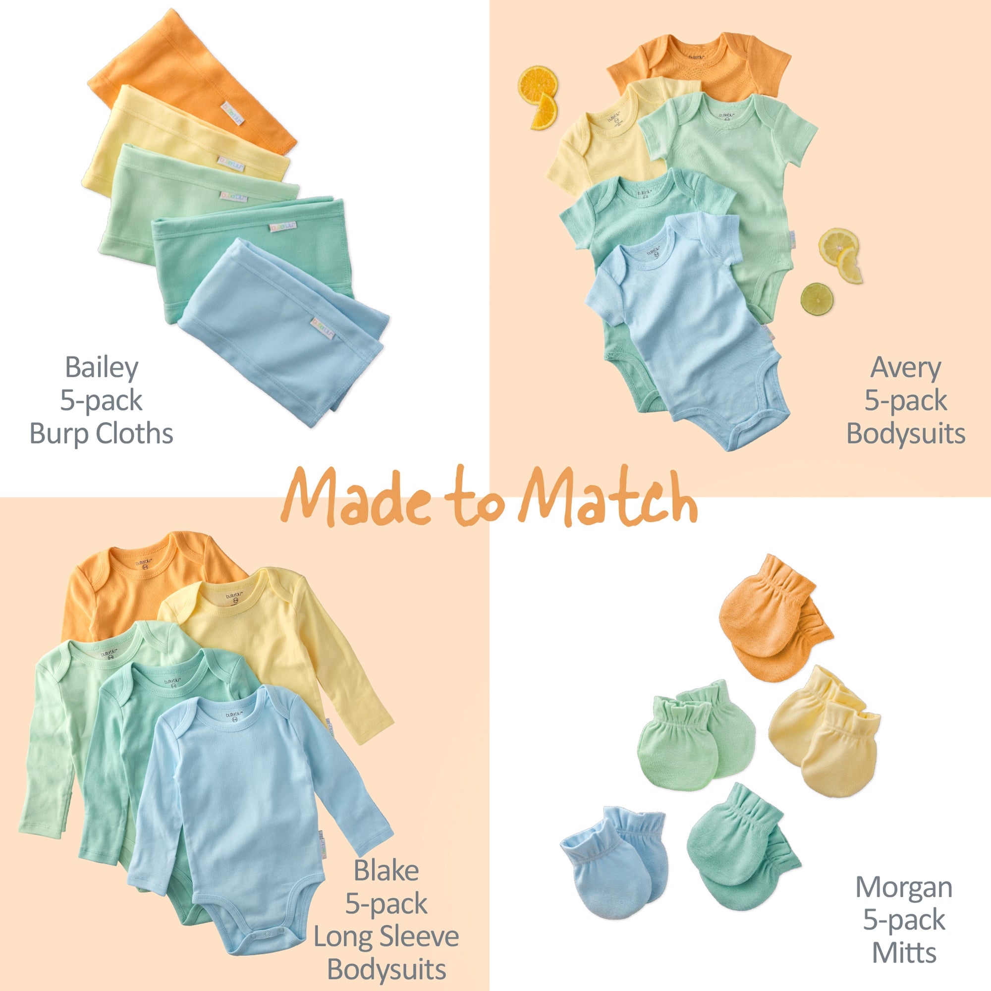 Collection of baby clothing items including burp cloths, bodysuits, and mitts on a peach background.