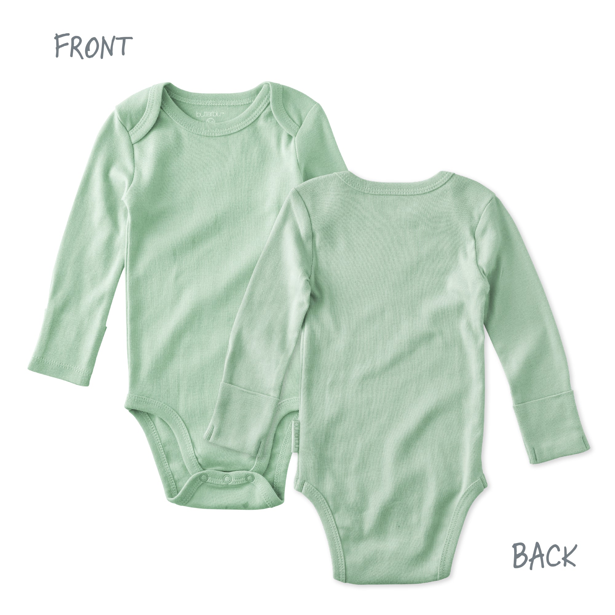 Green baby onesie shown from front and back on a white background