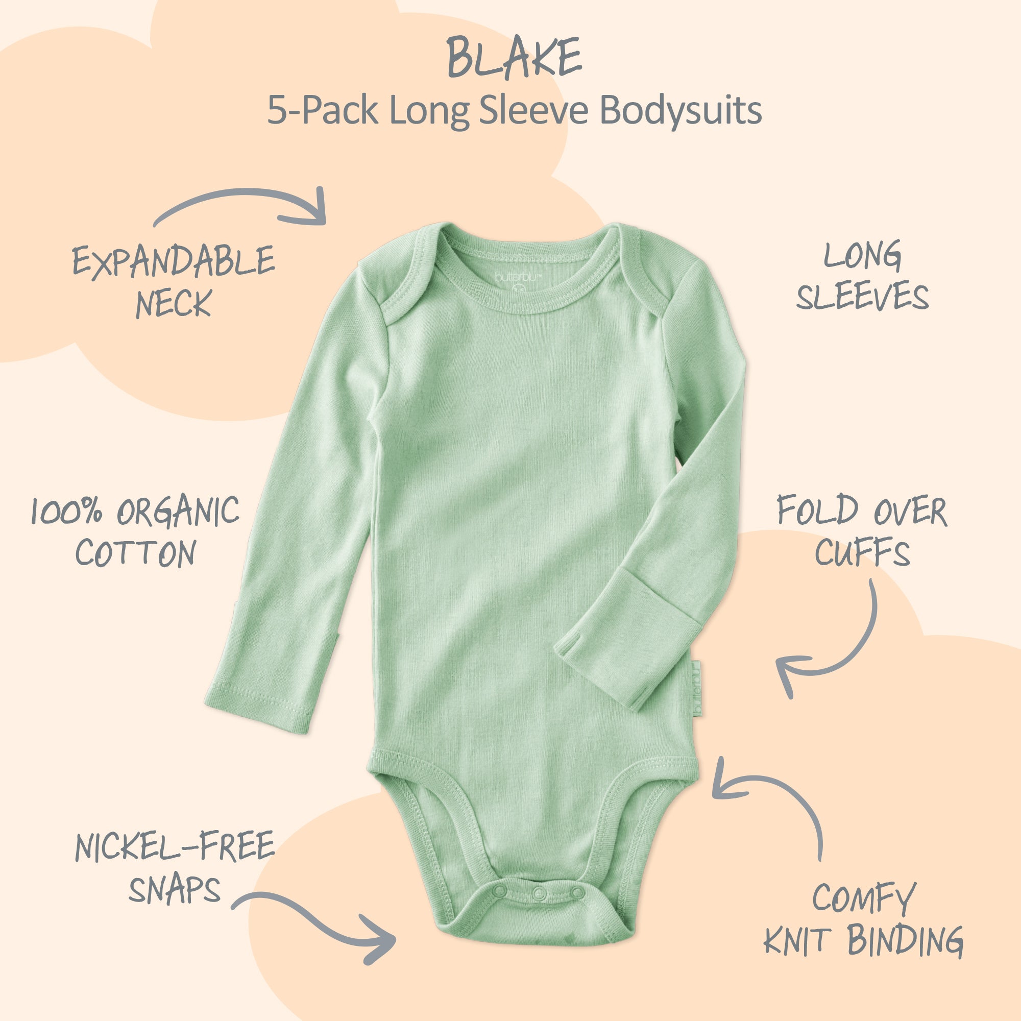 Green baby bodysuit with features labeled on a beige background