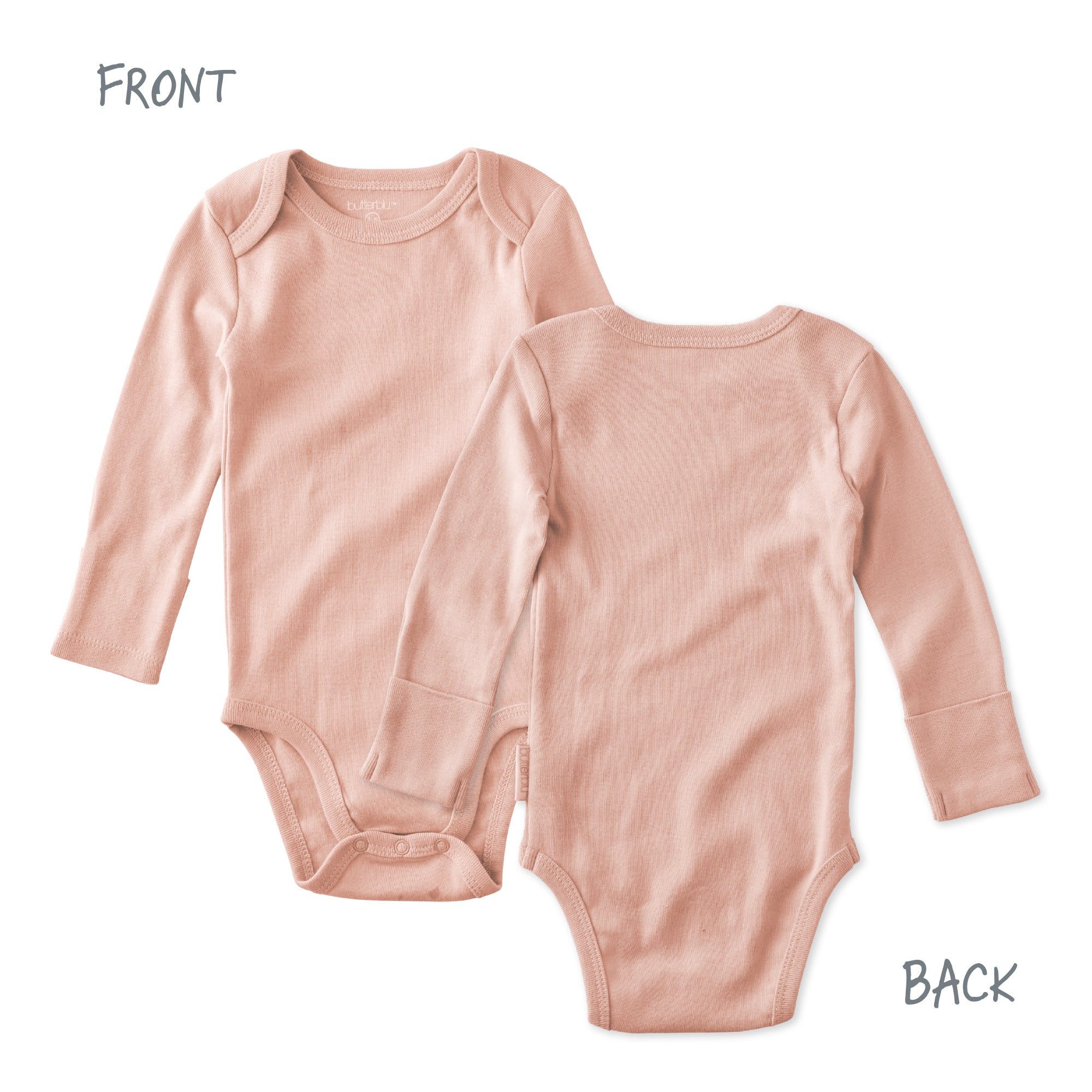 Pink baby bodysuit shown from front and back on a white background