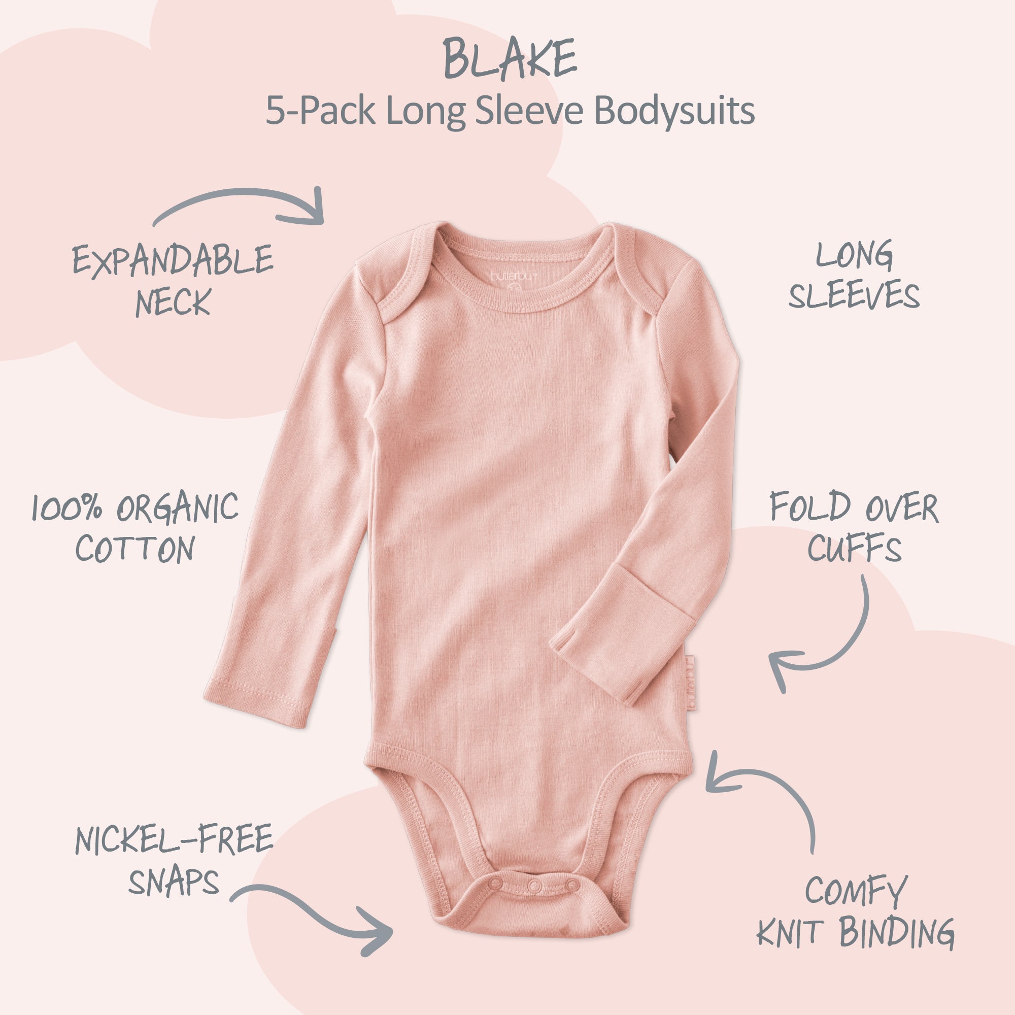 Pink long-sleeve bodysuit with features highlighted on a pink background