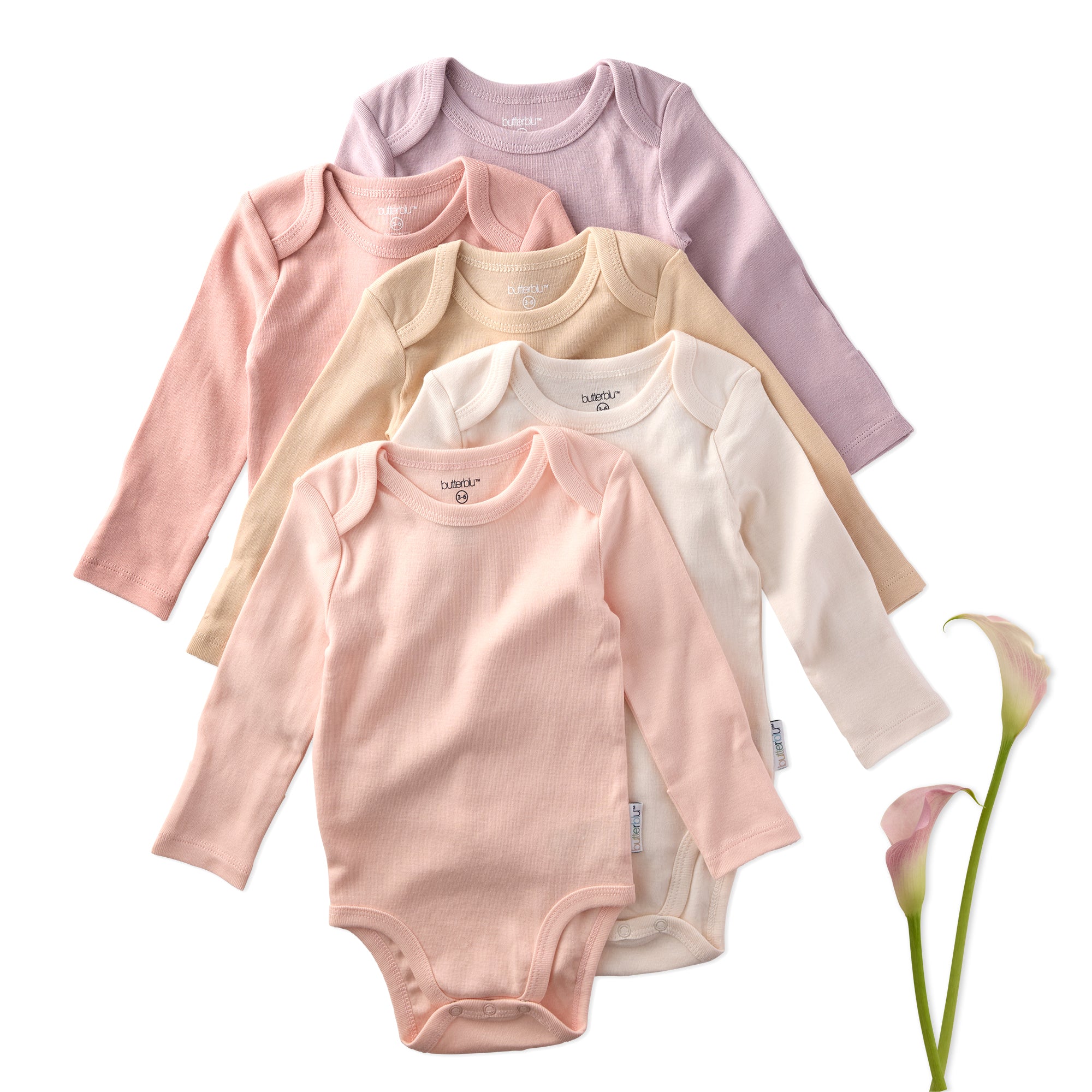 Set of five baby bodysuits in pink, beige, and white on a white background.