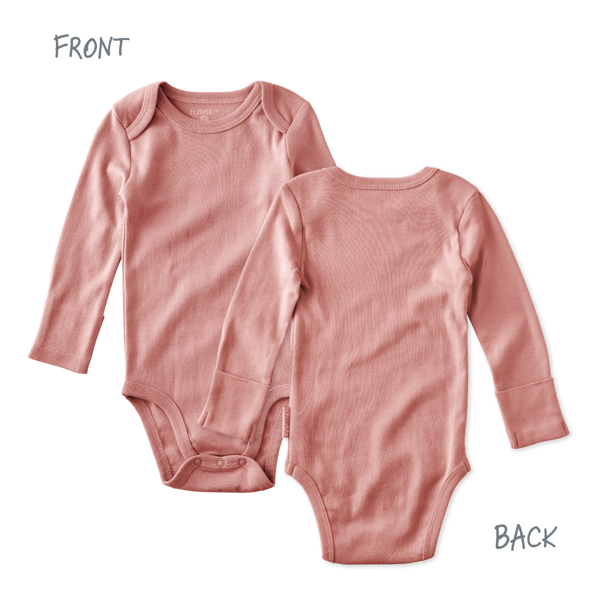 Pink baby onesie shown from front and back on a white background