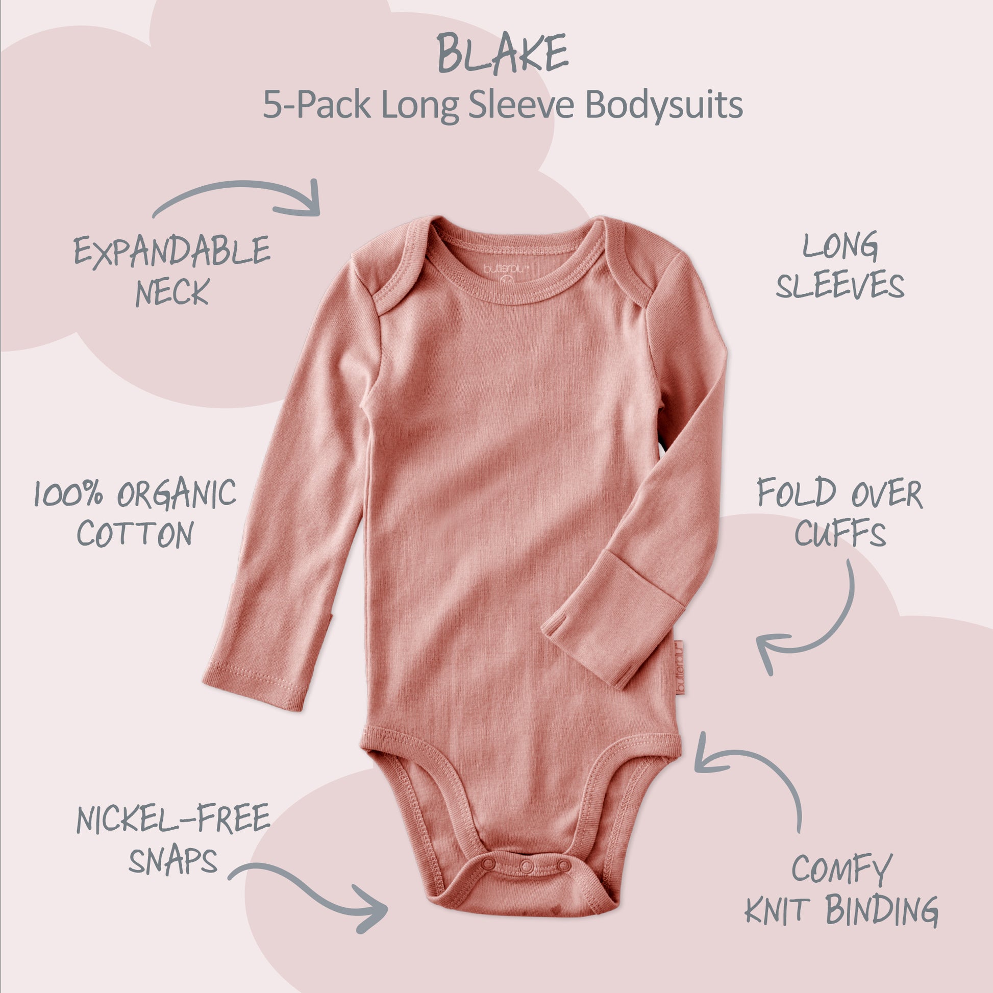 Pink long-sleeve bodysuit with features highlighted on a light pink background