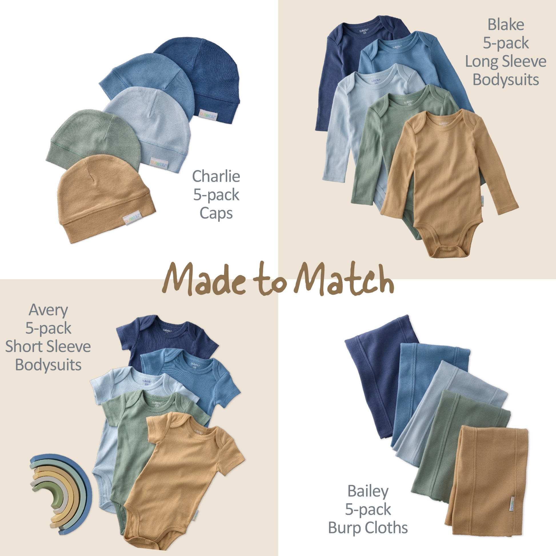 Baby clothing set with caps, bodysuits, and burp cloths in various colors.