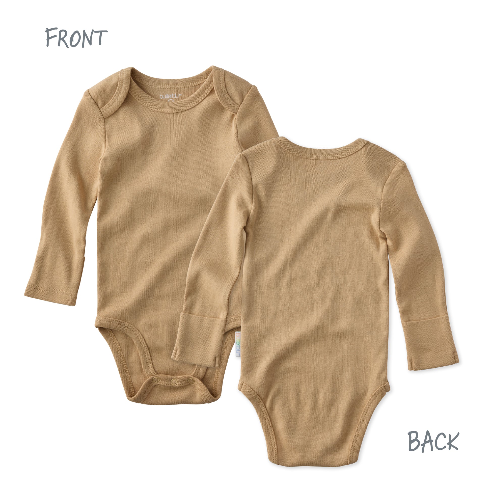 Brown baby bodysuit shown from front and back on a white background