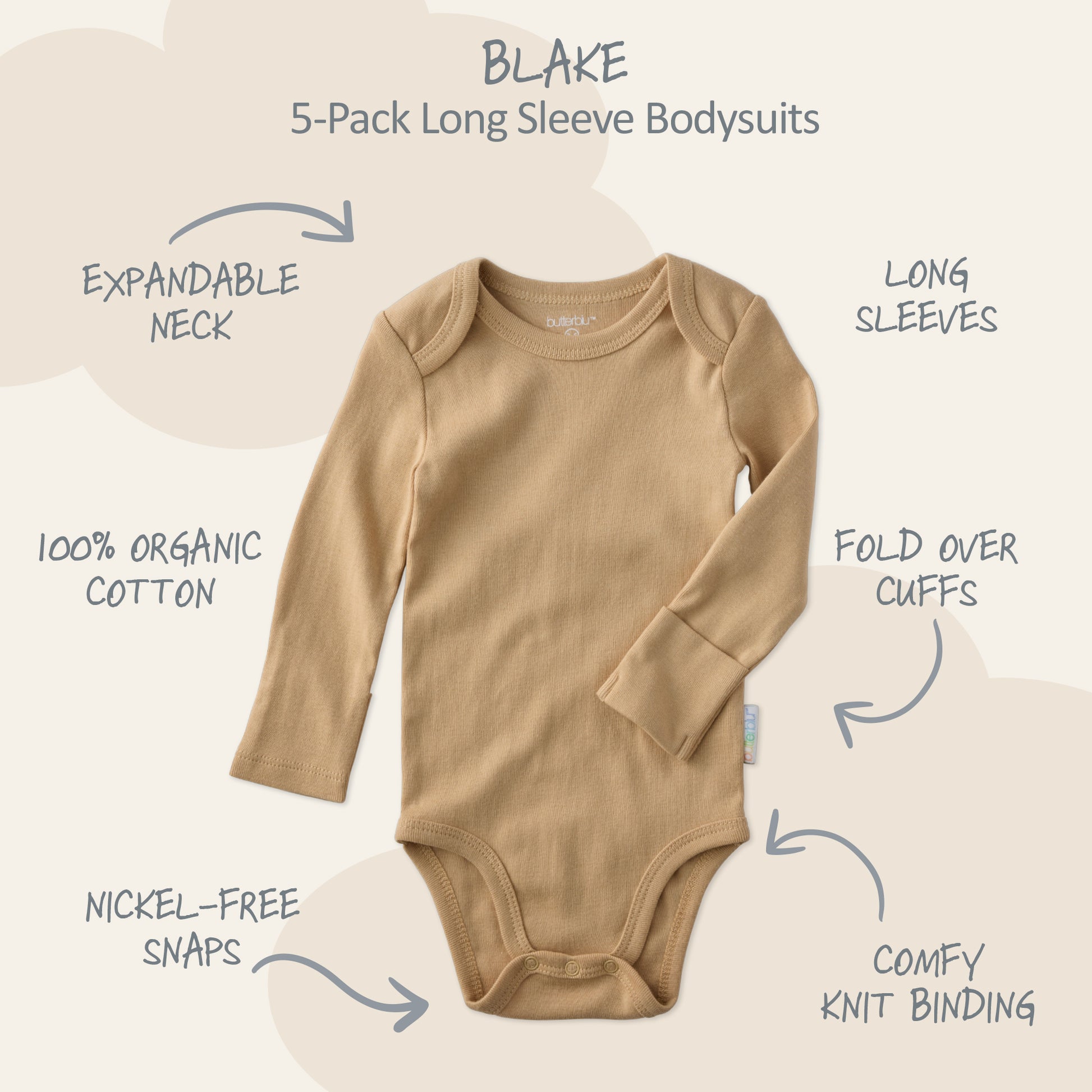 Brown baby bodysuit with features labeled on a white background
