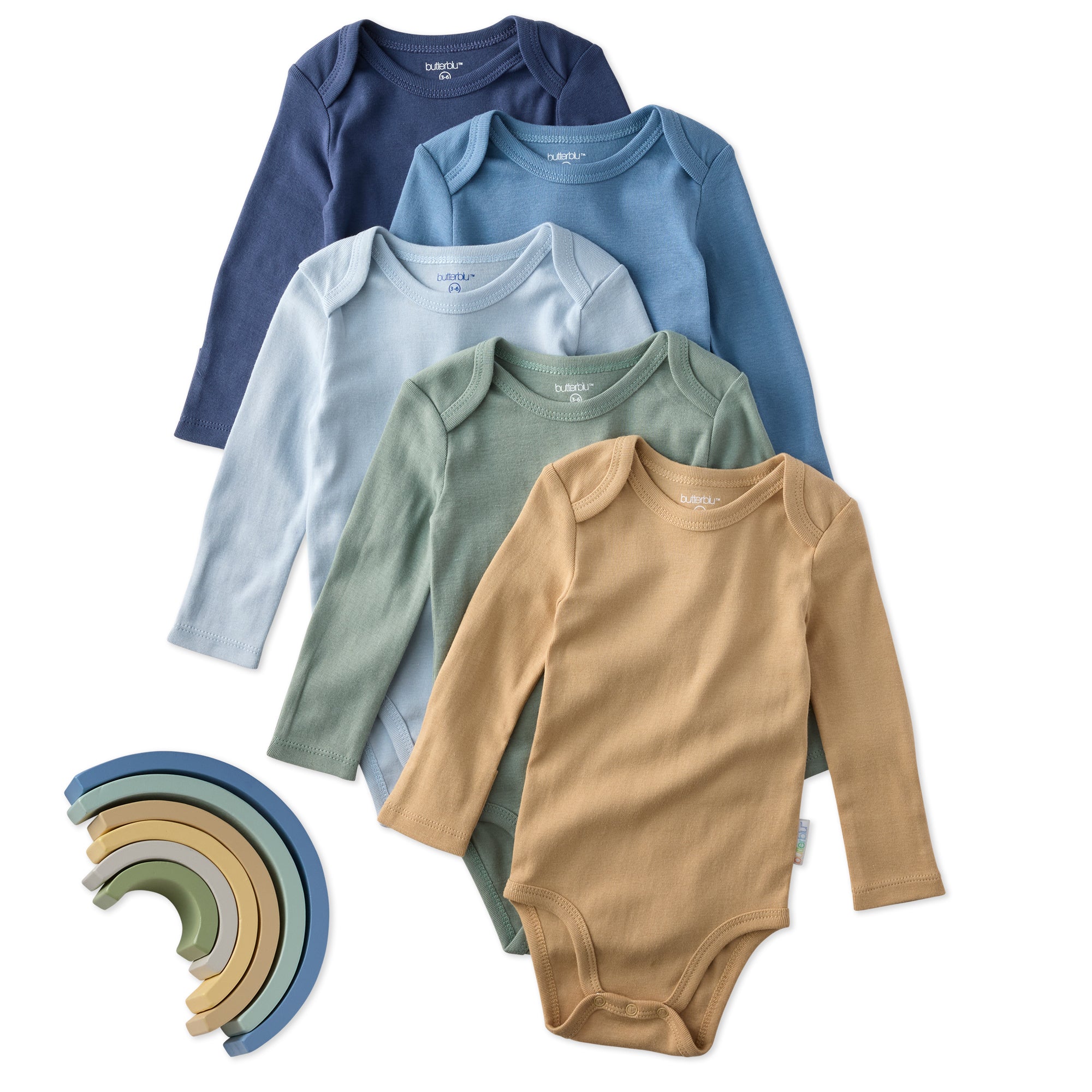 Set of five baby bodysuits in blue, green, and brown on a white background