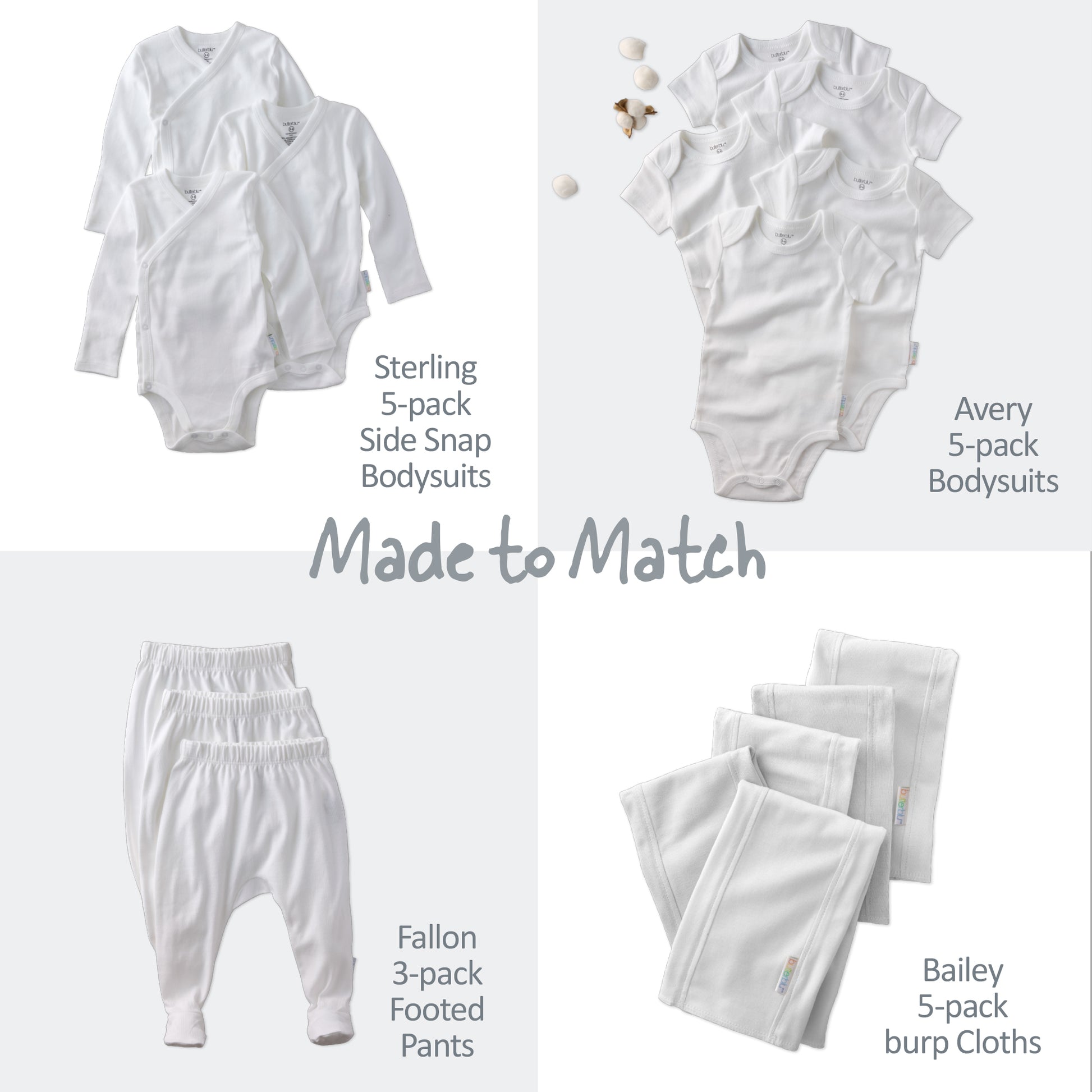 Collage of baby clothing items including bodysuits, pants, and burp cloths with text indicating matching sets.