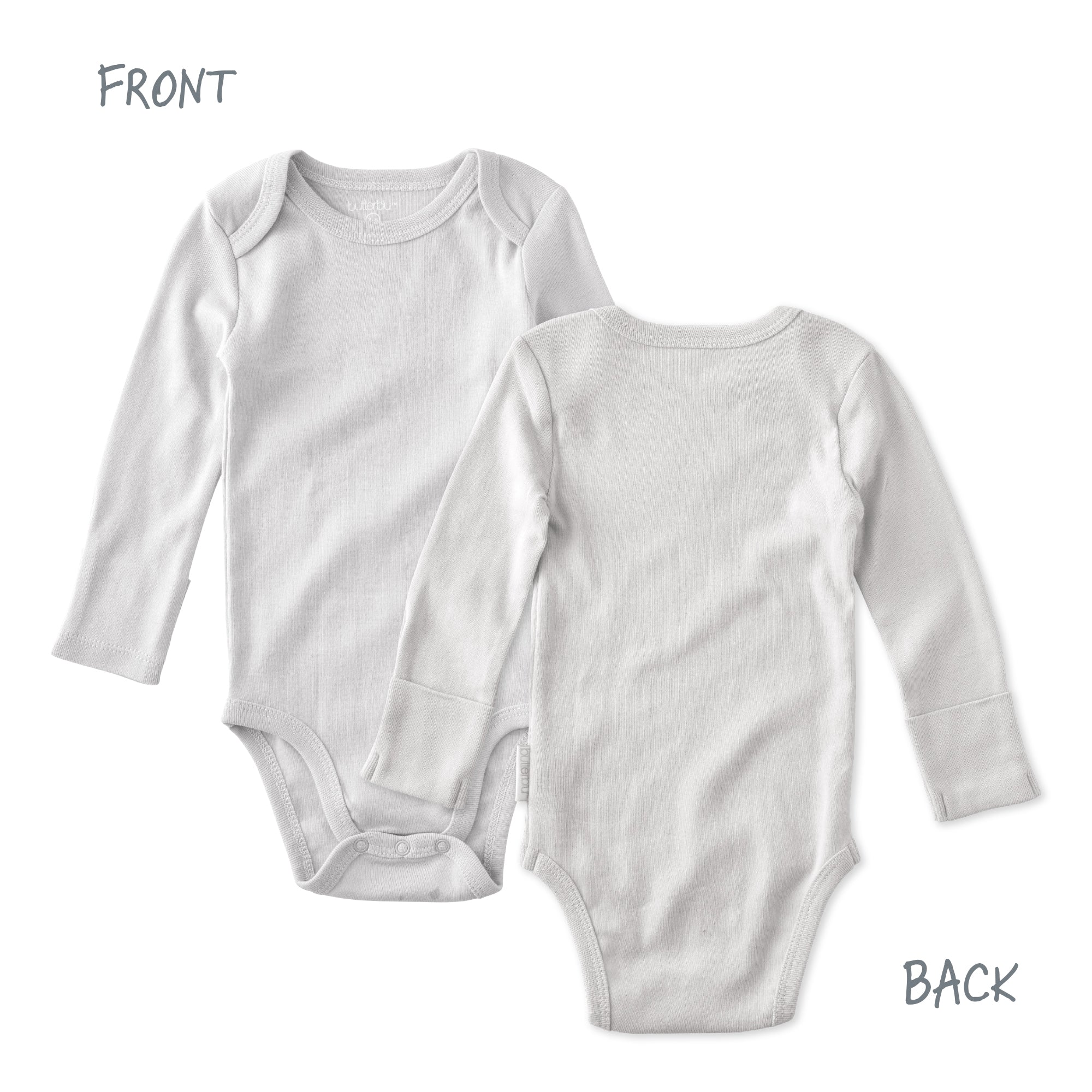 Gray baby onesie shown from front and back on a white background