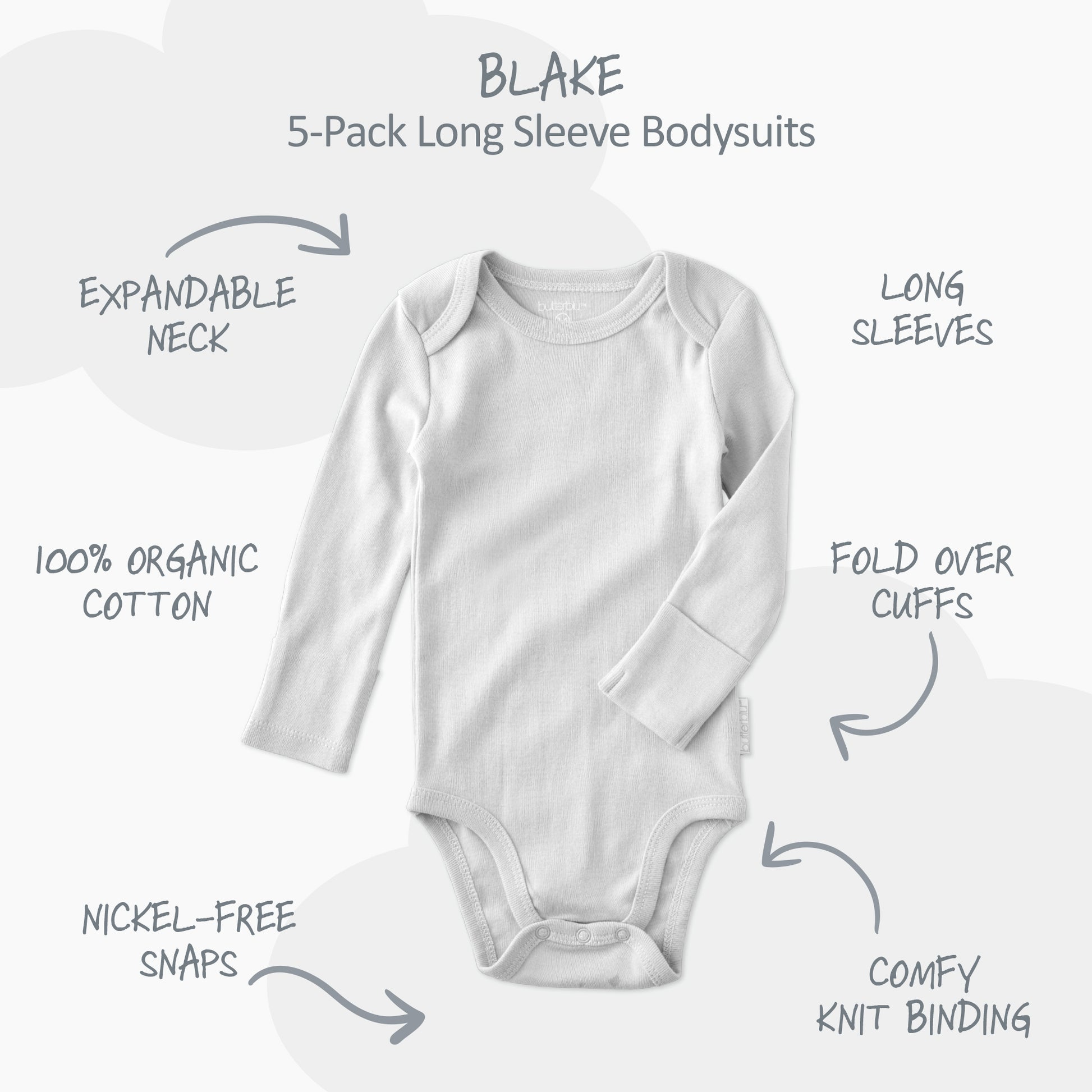White long-sleeve bodysuit with features labeled on a white background