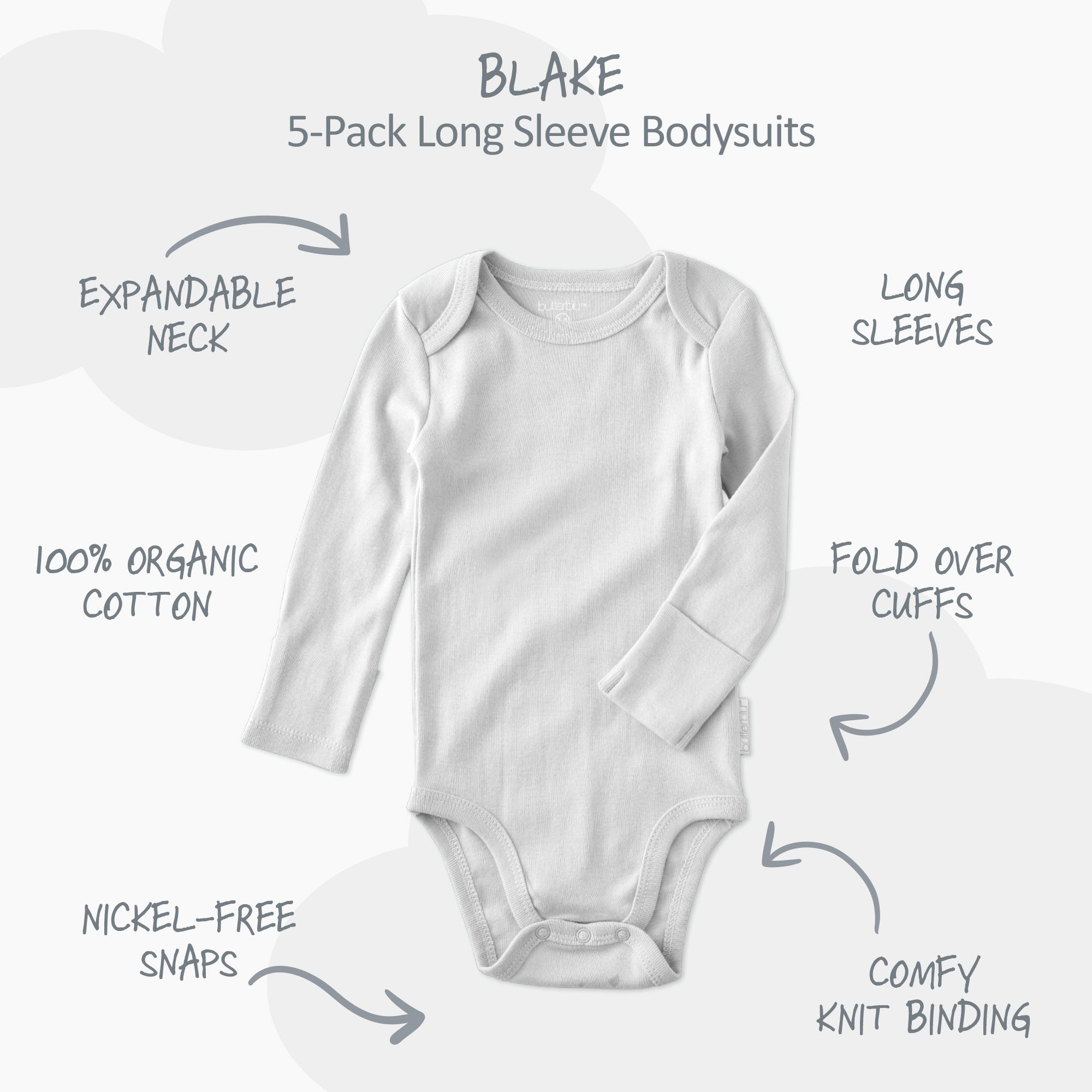 White long-sleeve bodysuit with features labeled on a white background