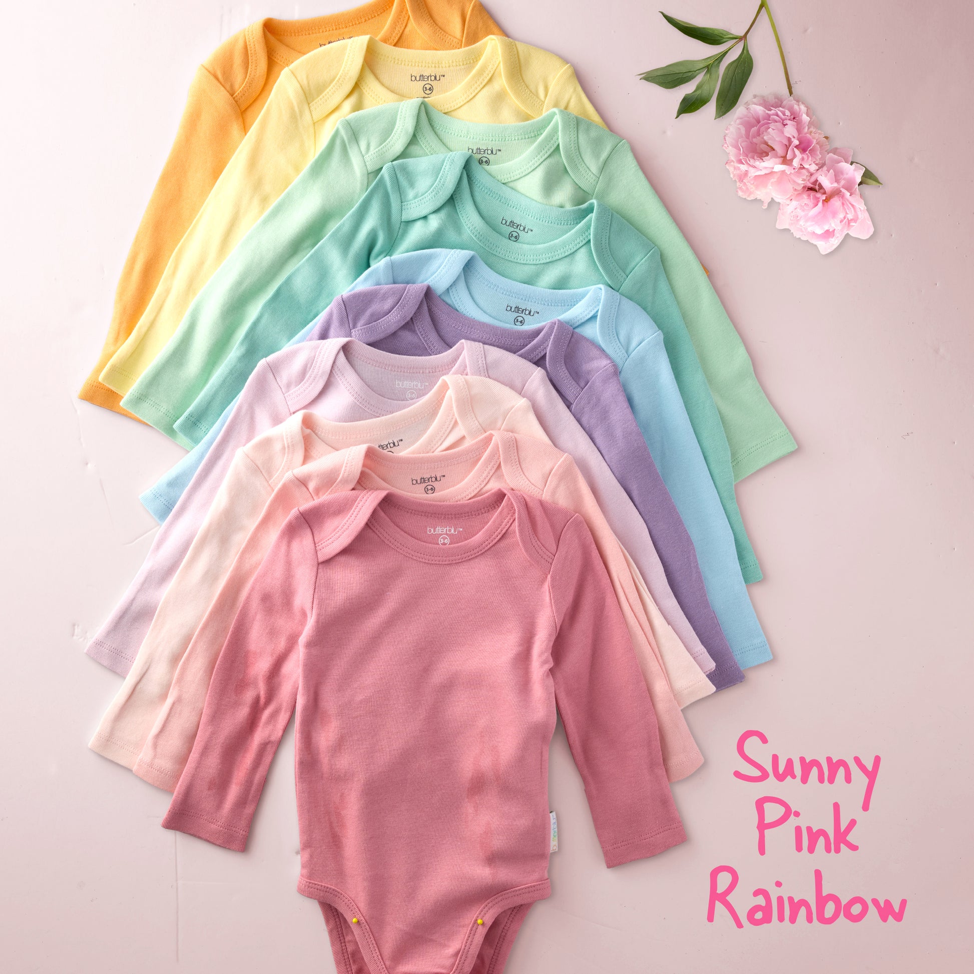 Sunny pink rainbow 10 packs onesies on a pink background