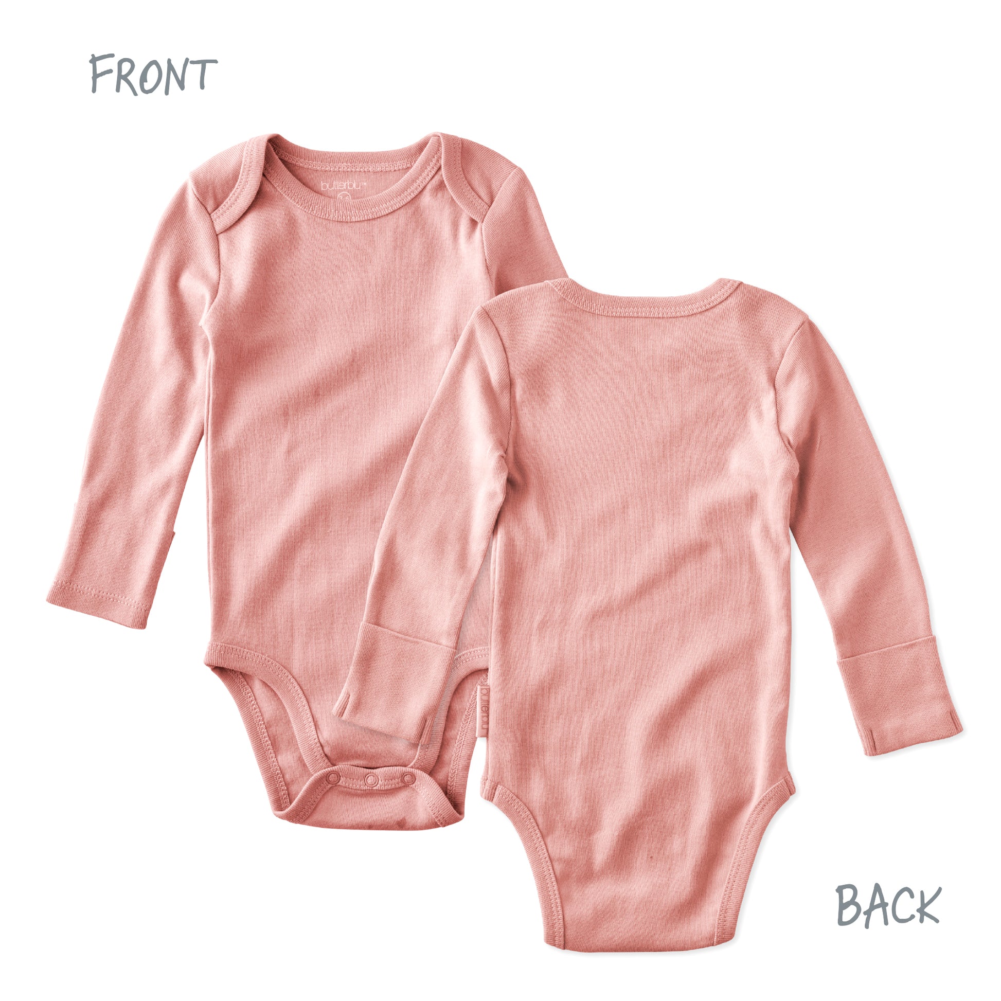 Pink long sleeve onesie front and back views