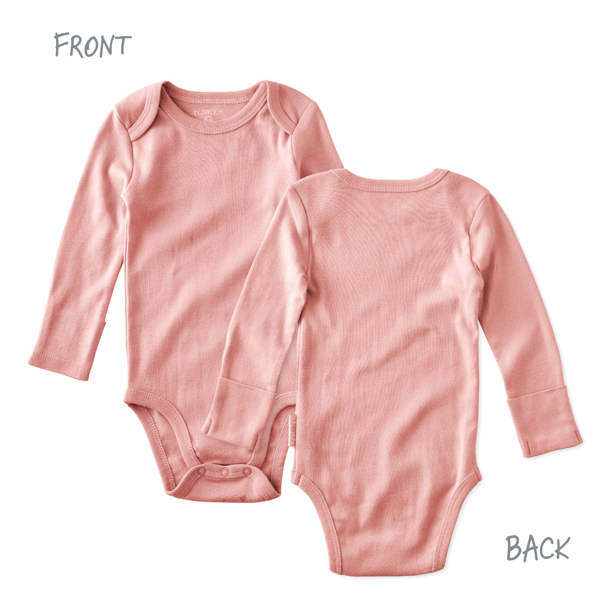 Pink long sleeve onesie front and back views