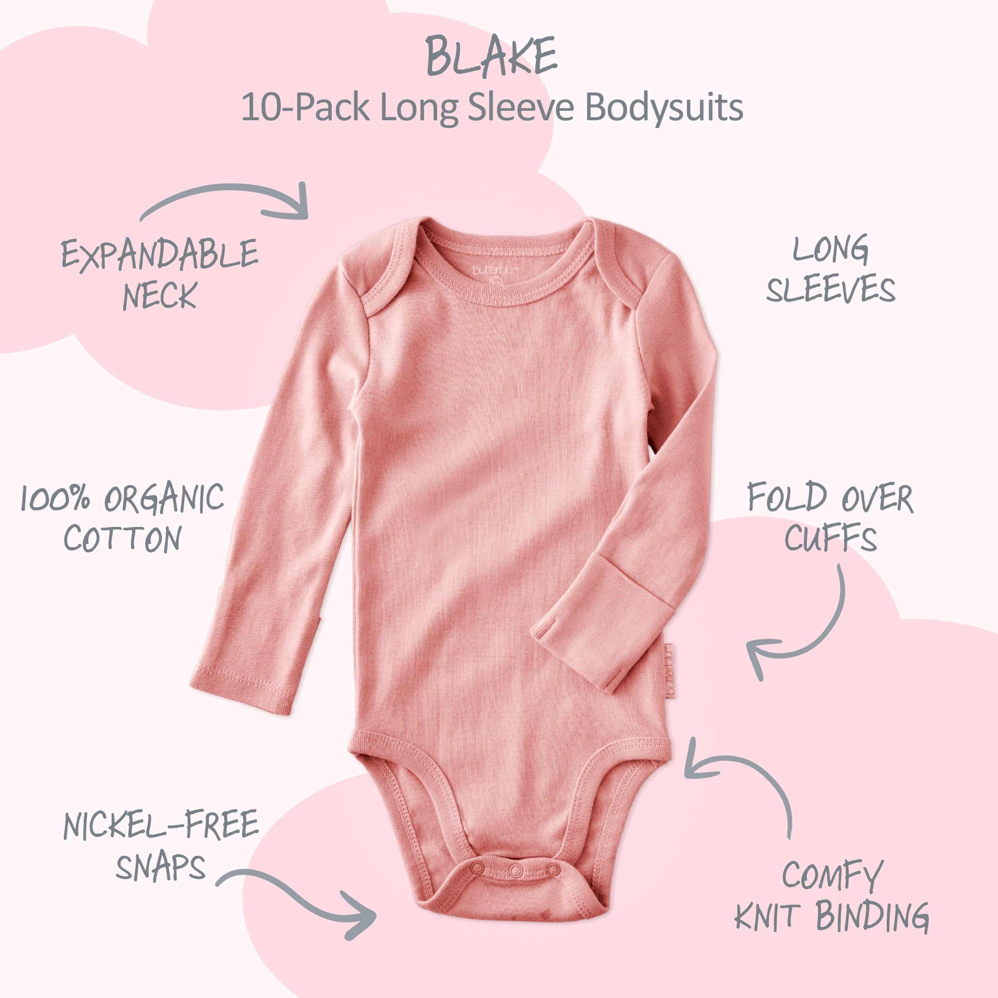 Blake 10-pack long sleeve bodysuit in pink with feature call outs