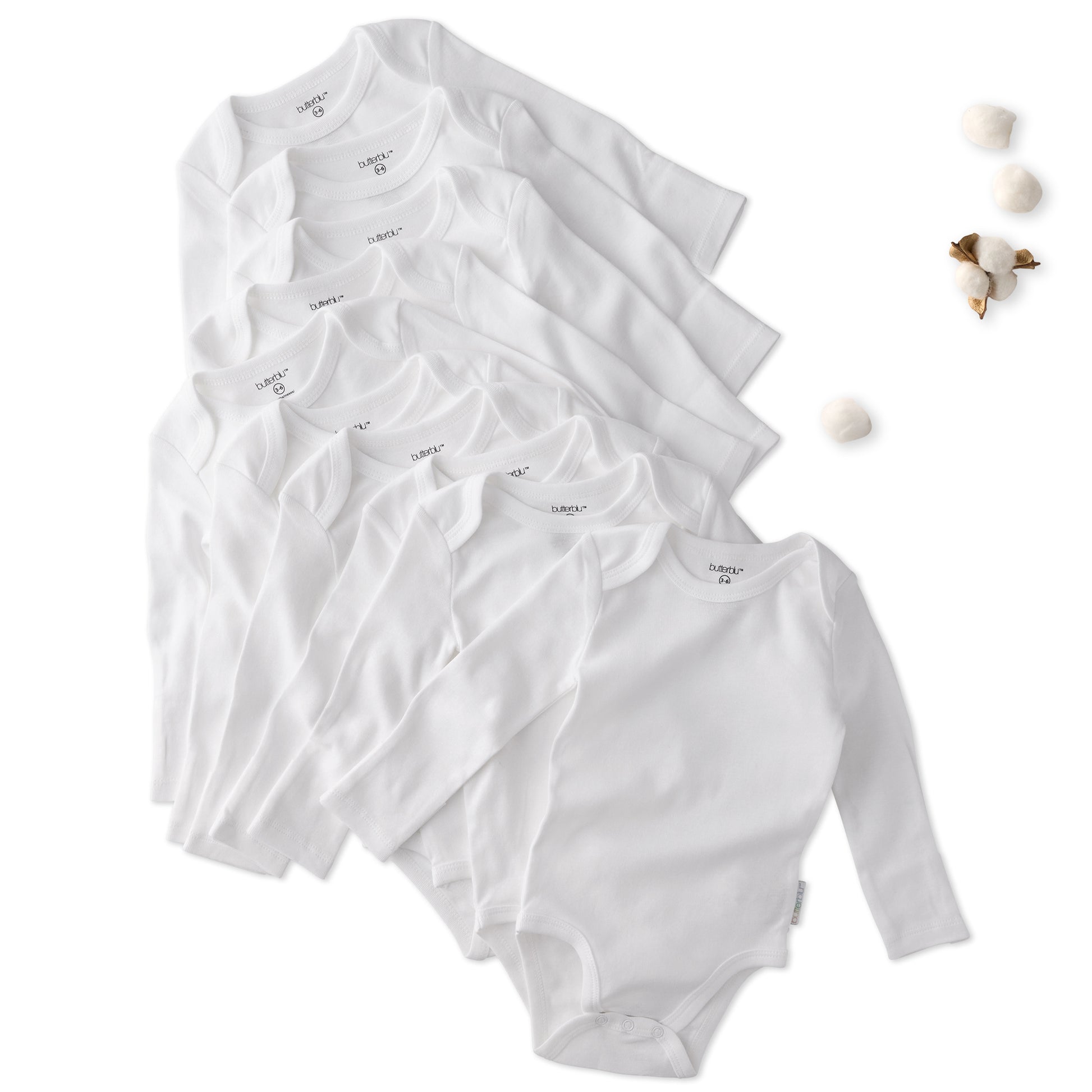 Pack of 10 white onesie long sleeve bodysuits on a white background