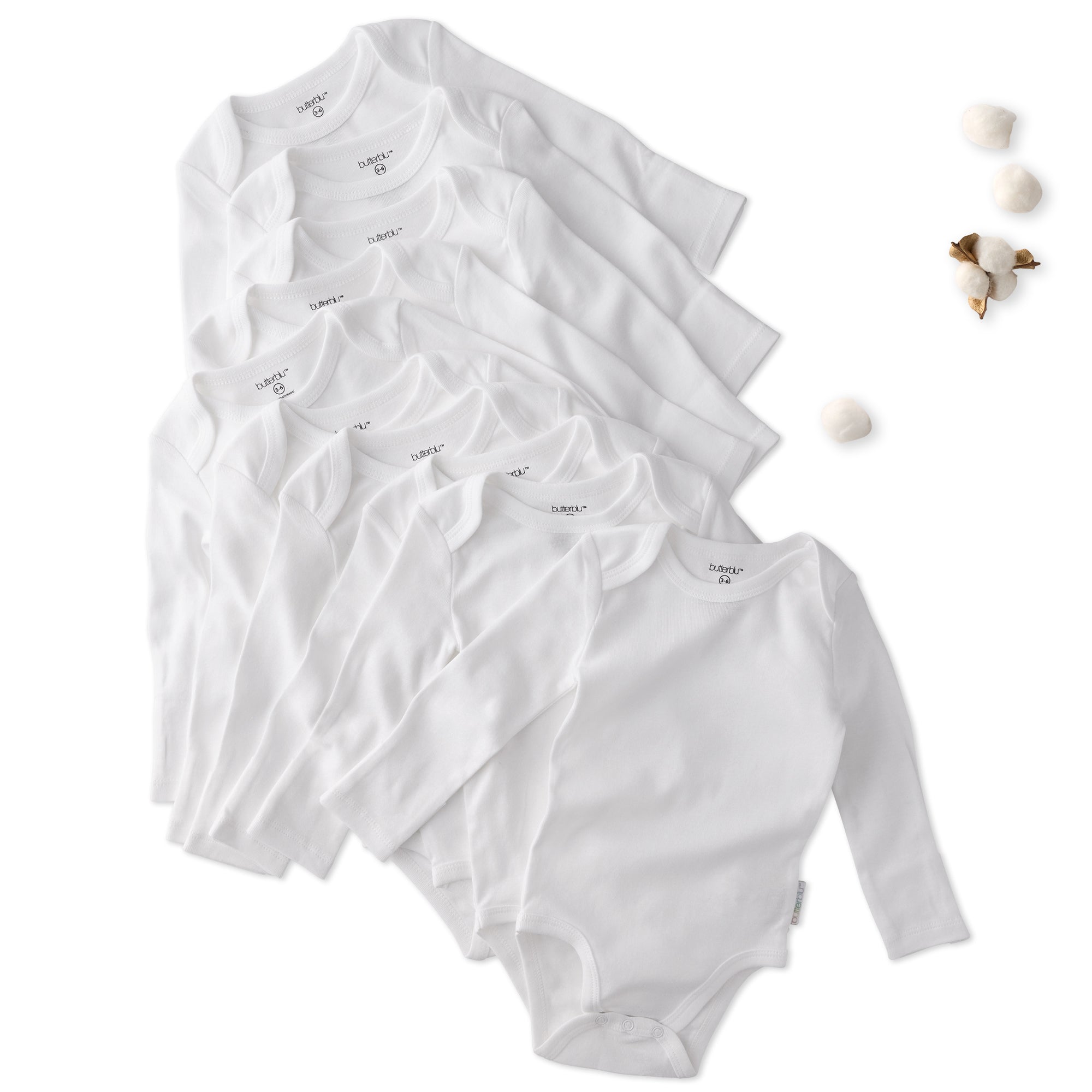 Pack of 10 white onesie long sleeve bodysuits on a white background