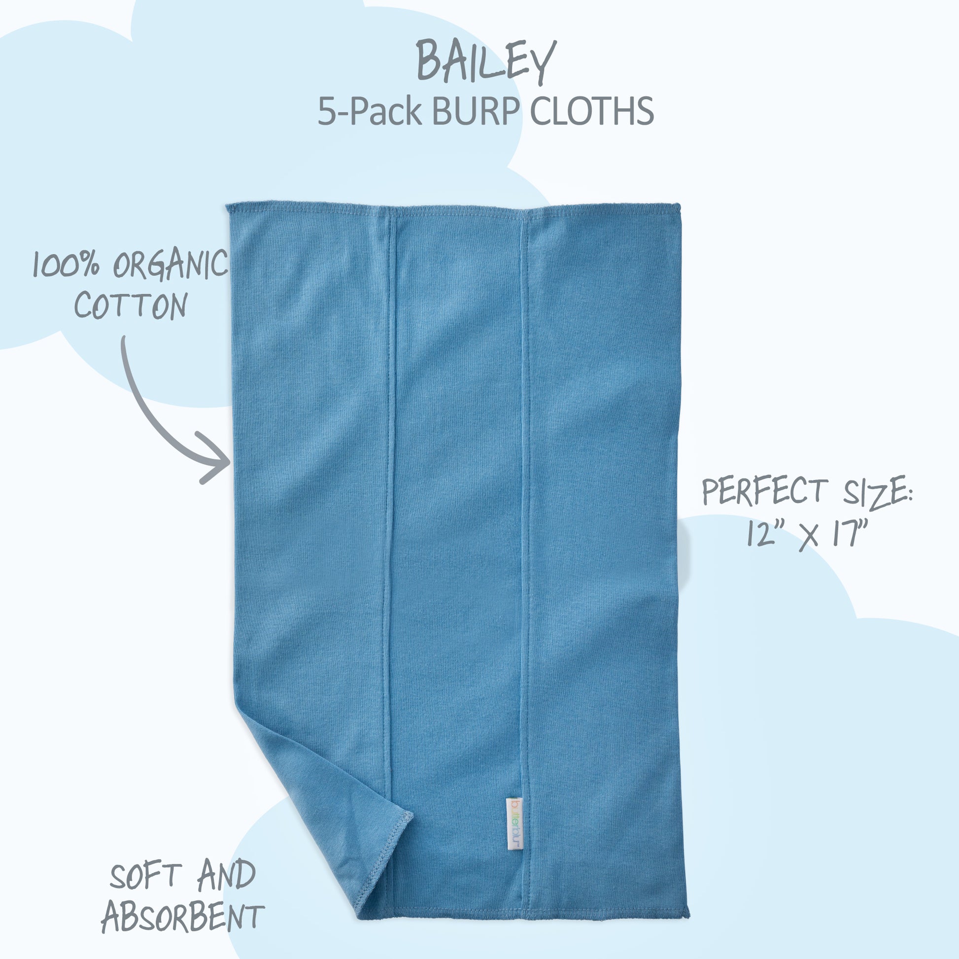 Blue burp cloth with text highlighting features on a light blue background