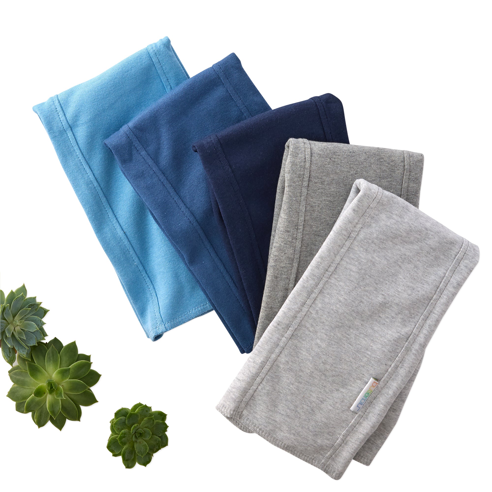 Set of folded BAILEY Burp Cloths in blue and gray with succulents on a white background