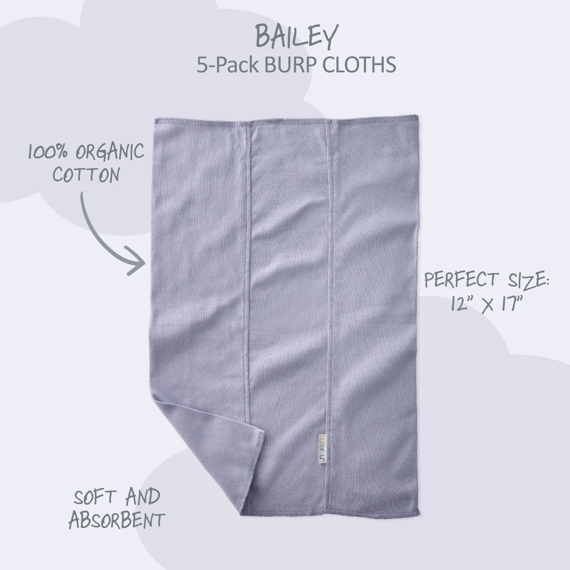 Gray burp cloth with text describing features on a light gray background