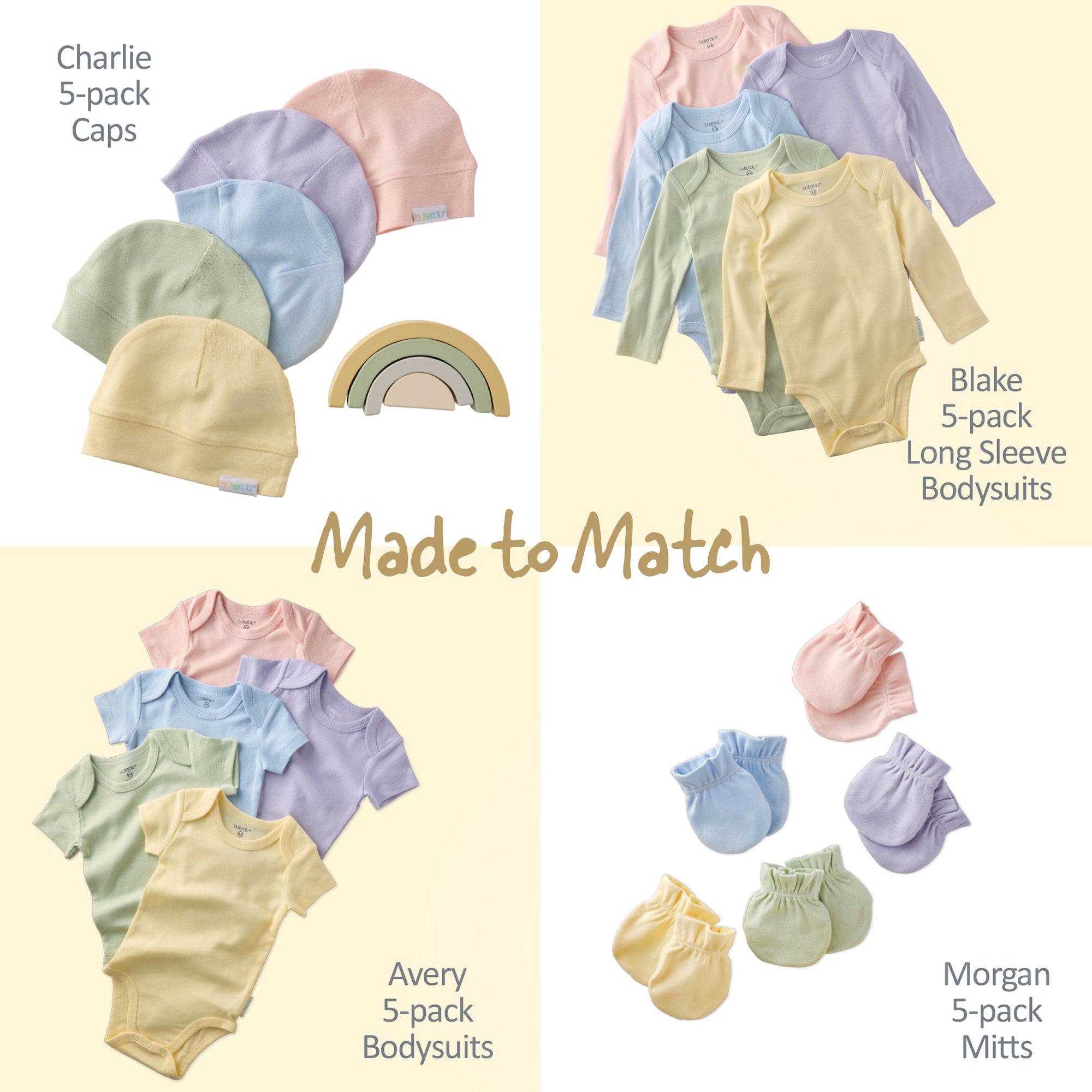 Baby clothing set with caps, bodysuits, and mittens in pastel colors on a yellow background.