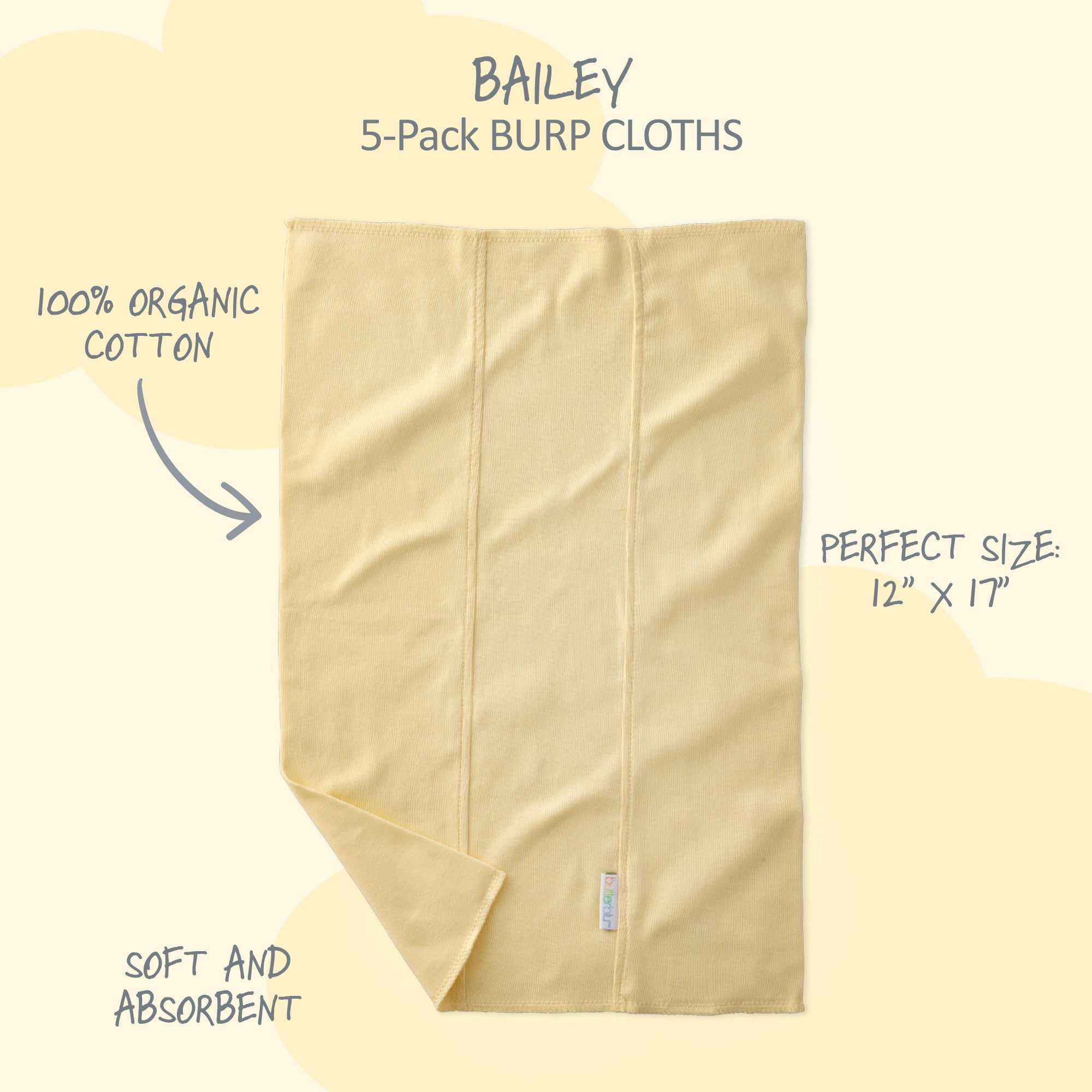 Beige burp cloth with text highlighting features on a white background