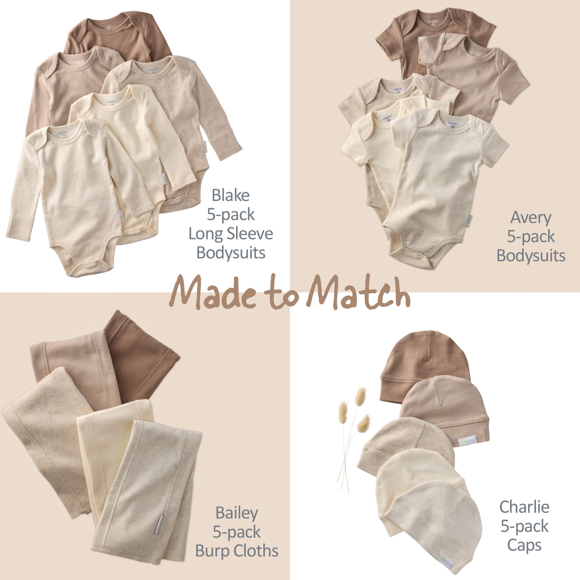Collection of baby clothing including bodysuits, caps, and burp cloths with matching theme.