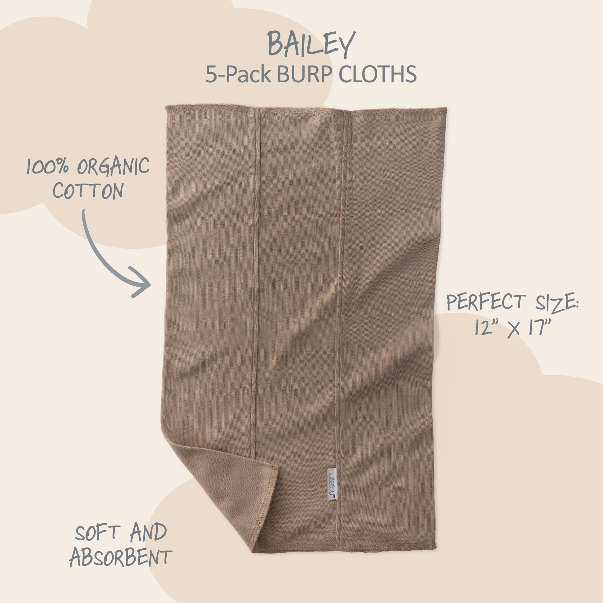 Brown burp cloth with text highlighting features on a beige background