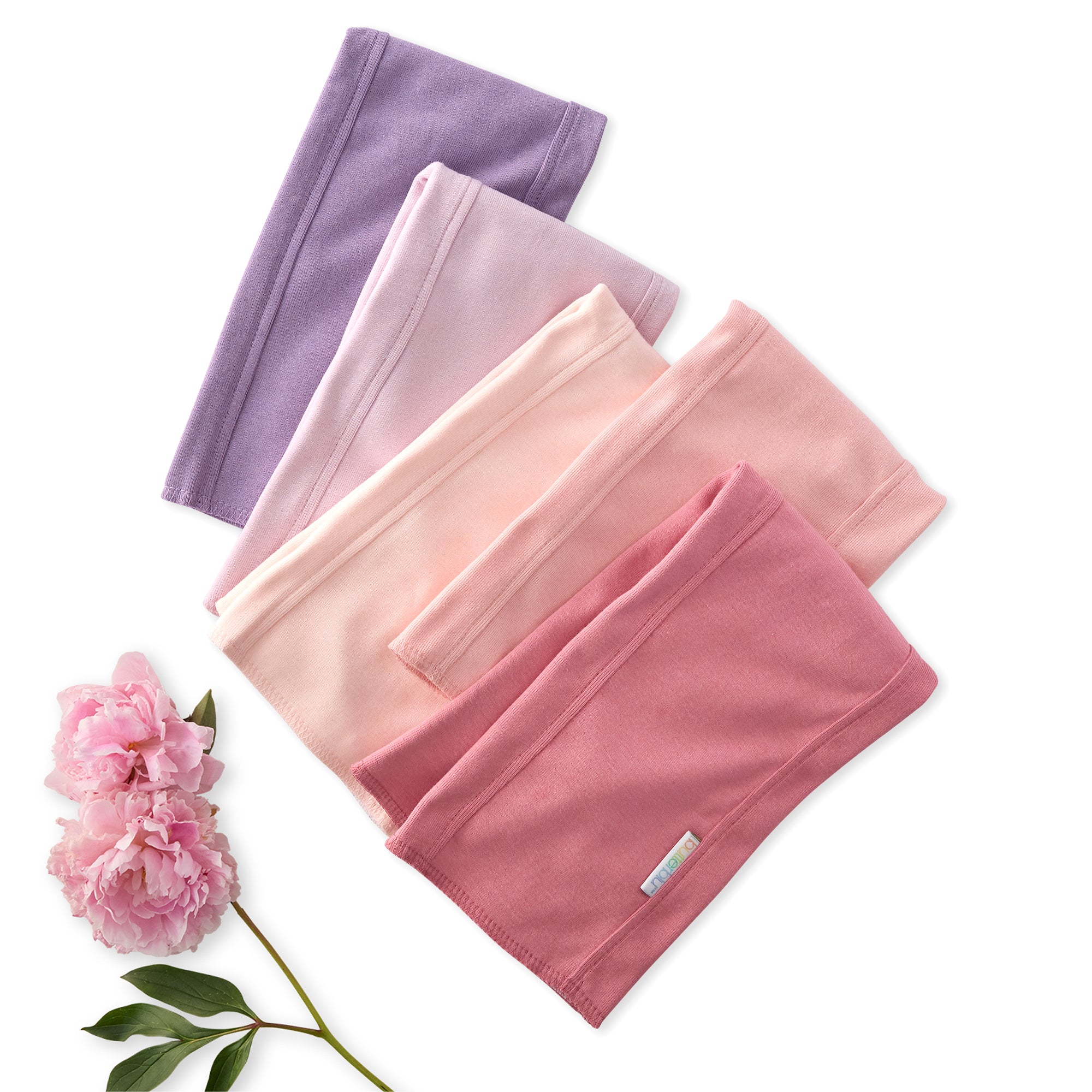 Set of five folded BAILEY Burp Cloths in purple, pink, and two other shades on a white background with a pink flower.