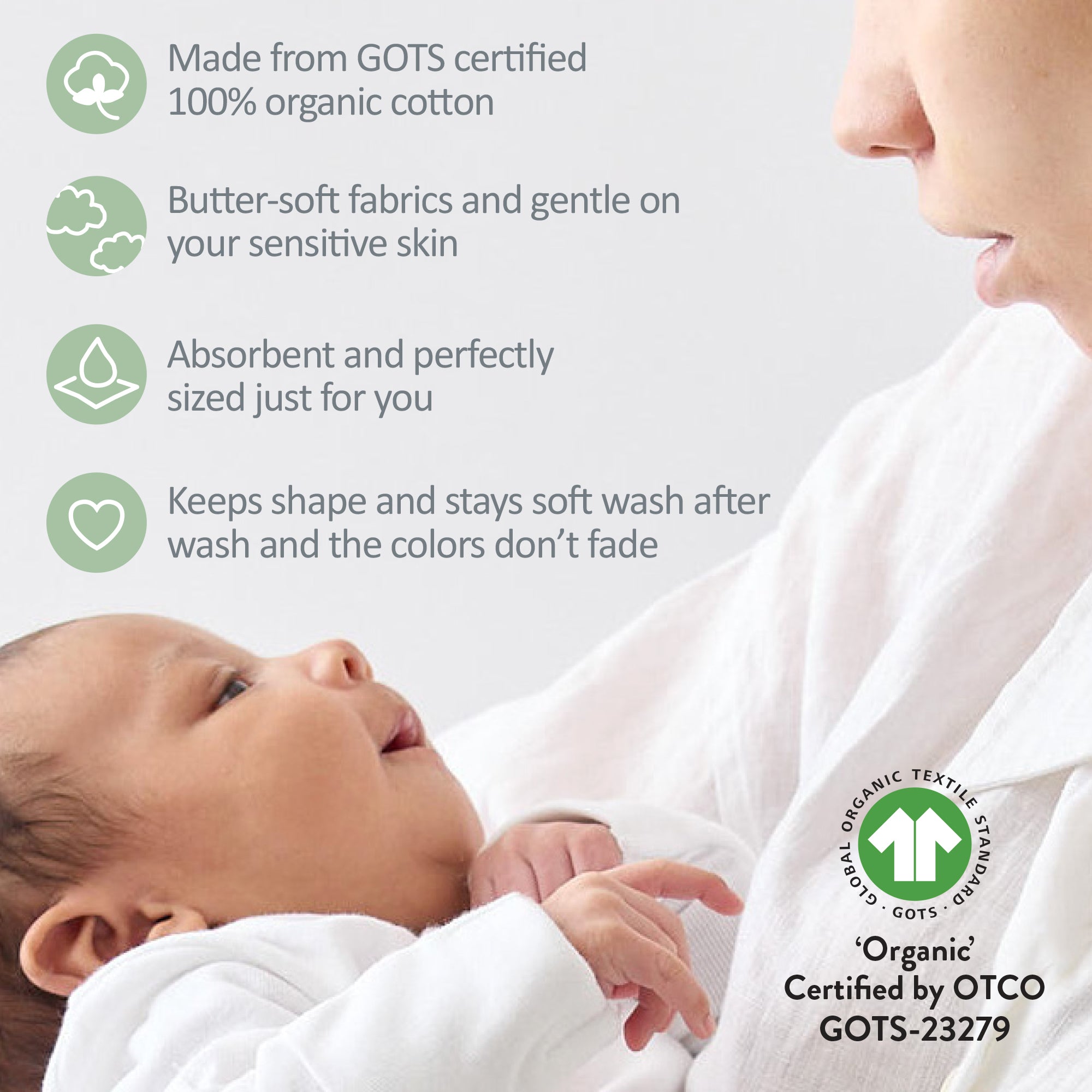 Baby wrapped in organic cotton fabric with product features listed on a light gray background