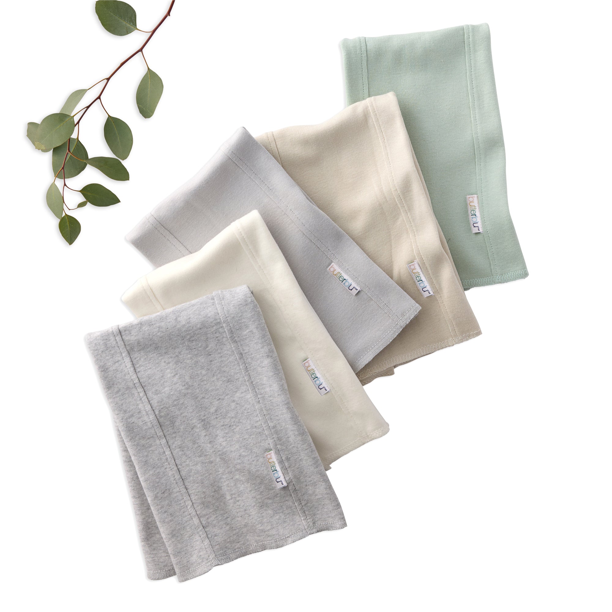 Set of folded BAILEY Burp Cloths in gray, beige, and green on a white background with a branch of leaves.