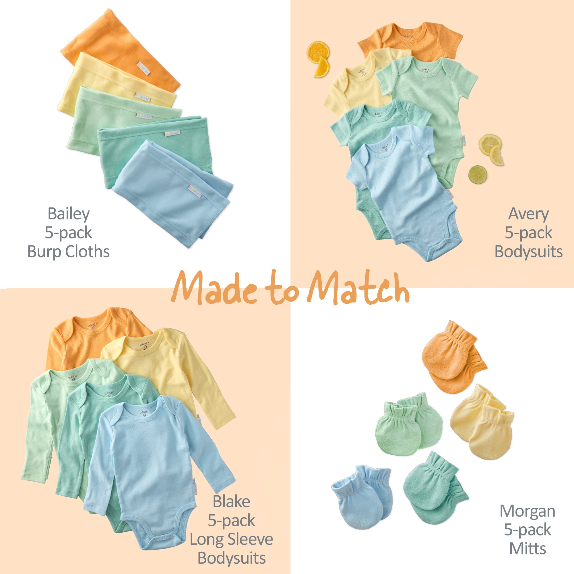 Collection of baby clothing sets including burp cloths, bodysuits, and mitts on a peach background.