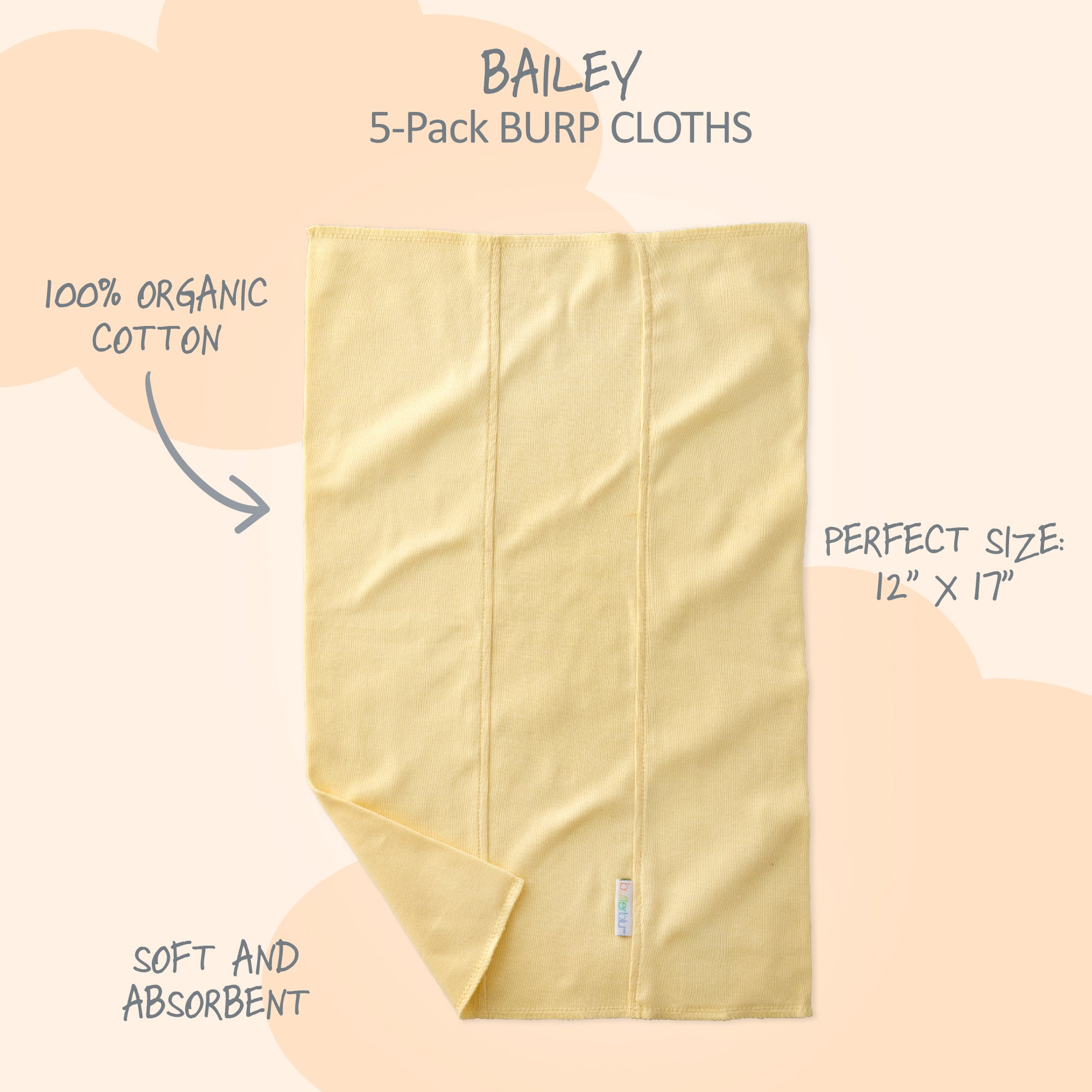 Yellow burp cloth with text describing features on a beige background