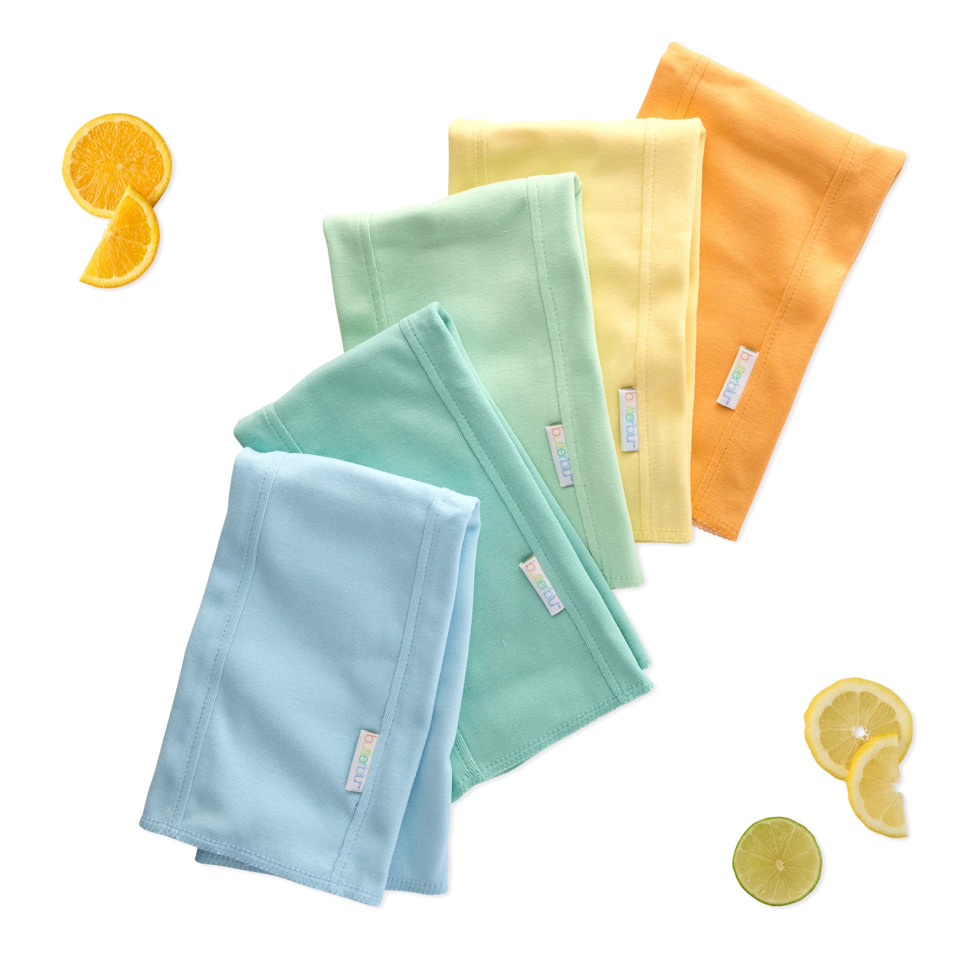Set of colorful BAILEY Burp Cloths with lemon slices on a white background