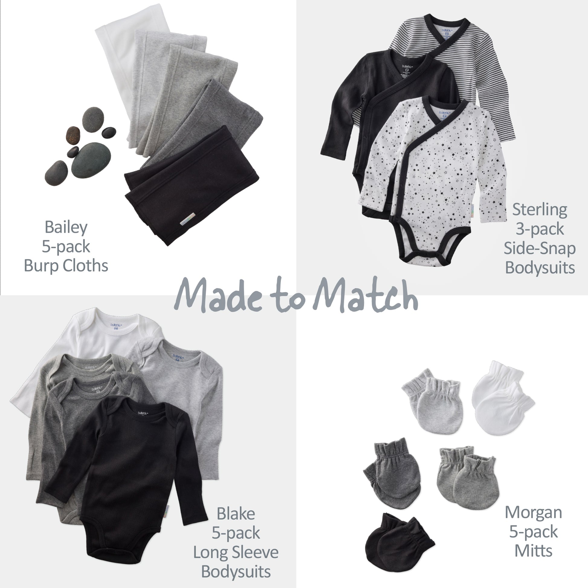 Collection of baby clothing items including burp cloths, bodysuits, and mittens on a white background.