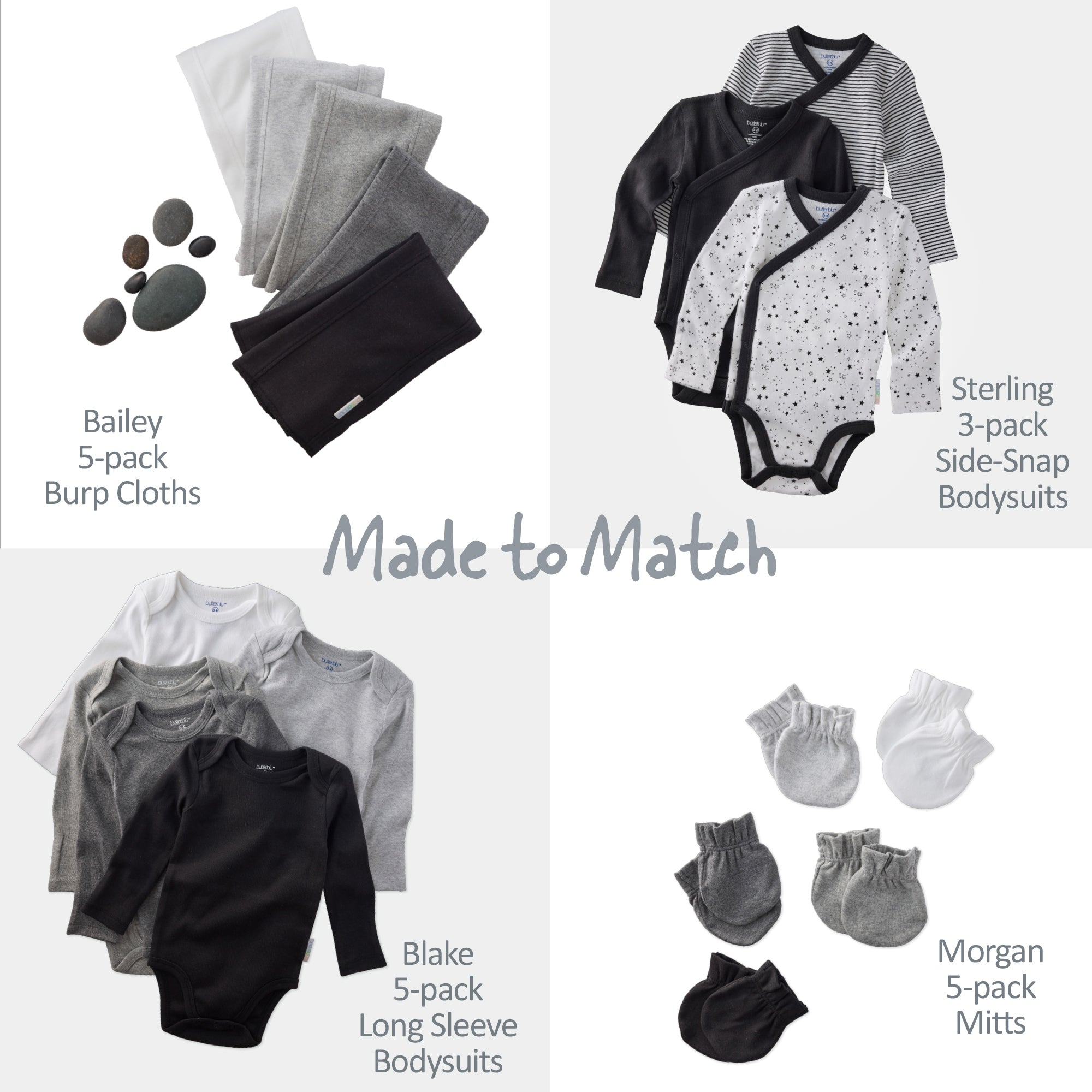 Collection of baby clothing items including burp cloths, bodysuits, and mittens on a white background.
