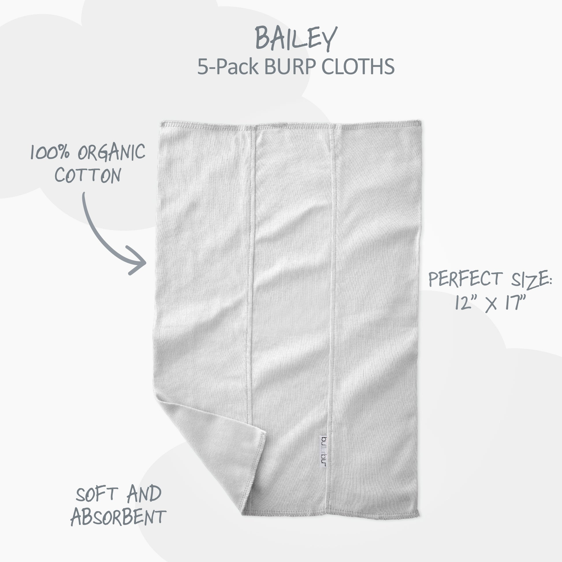 Gray burp cloth with product details on a white background