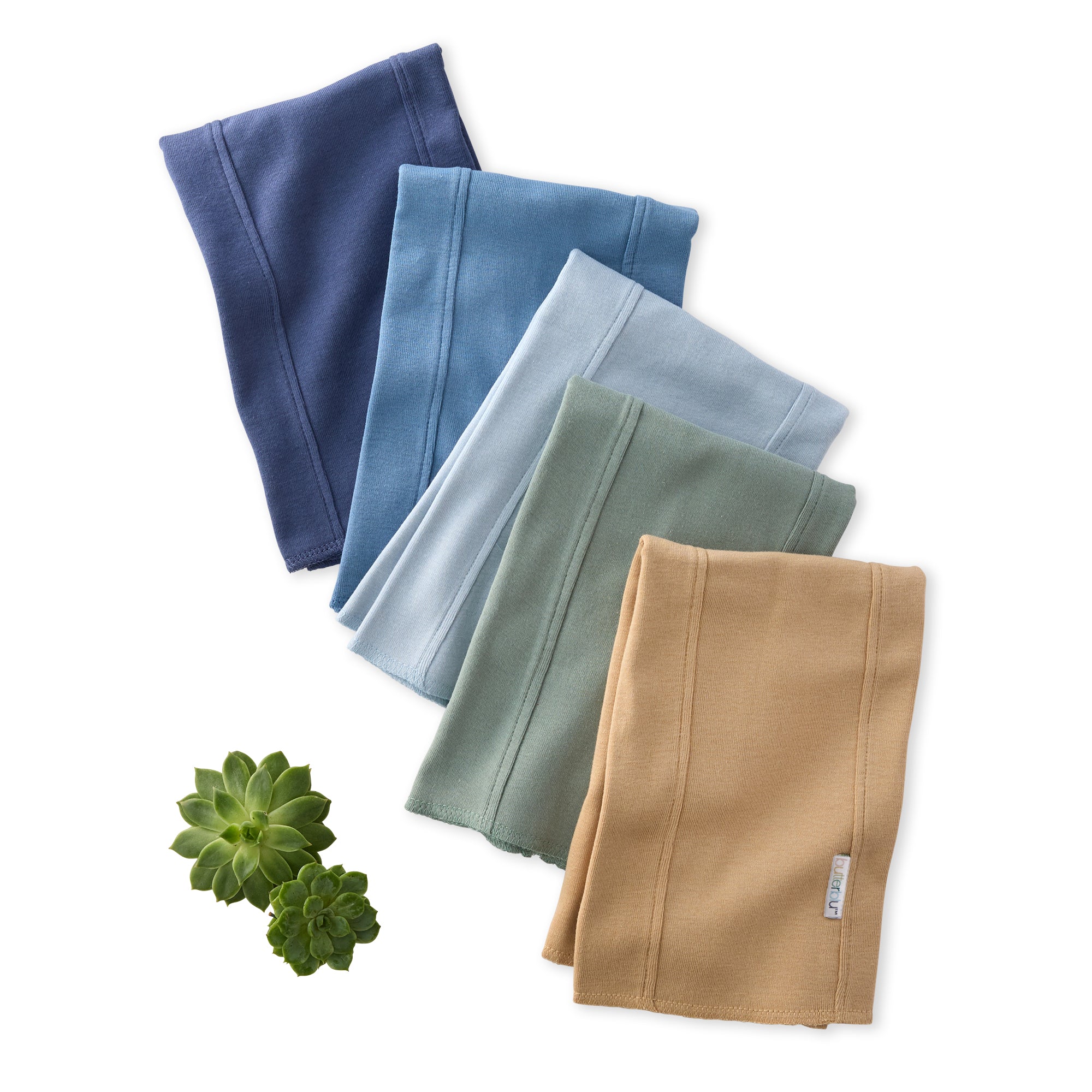 Set of folded BAILEY Burp Cloths in blue, green, and beige on a white background with succulents.
