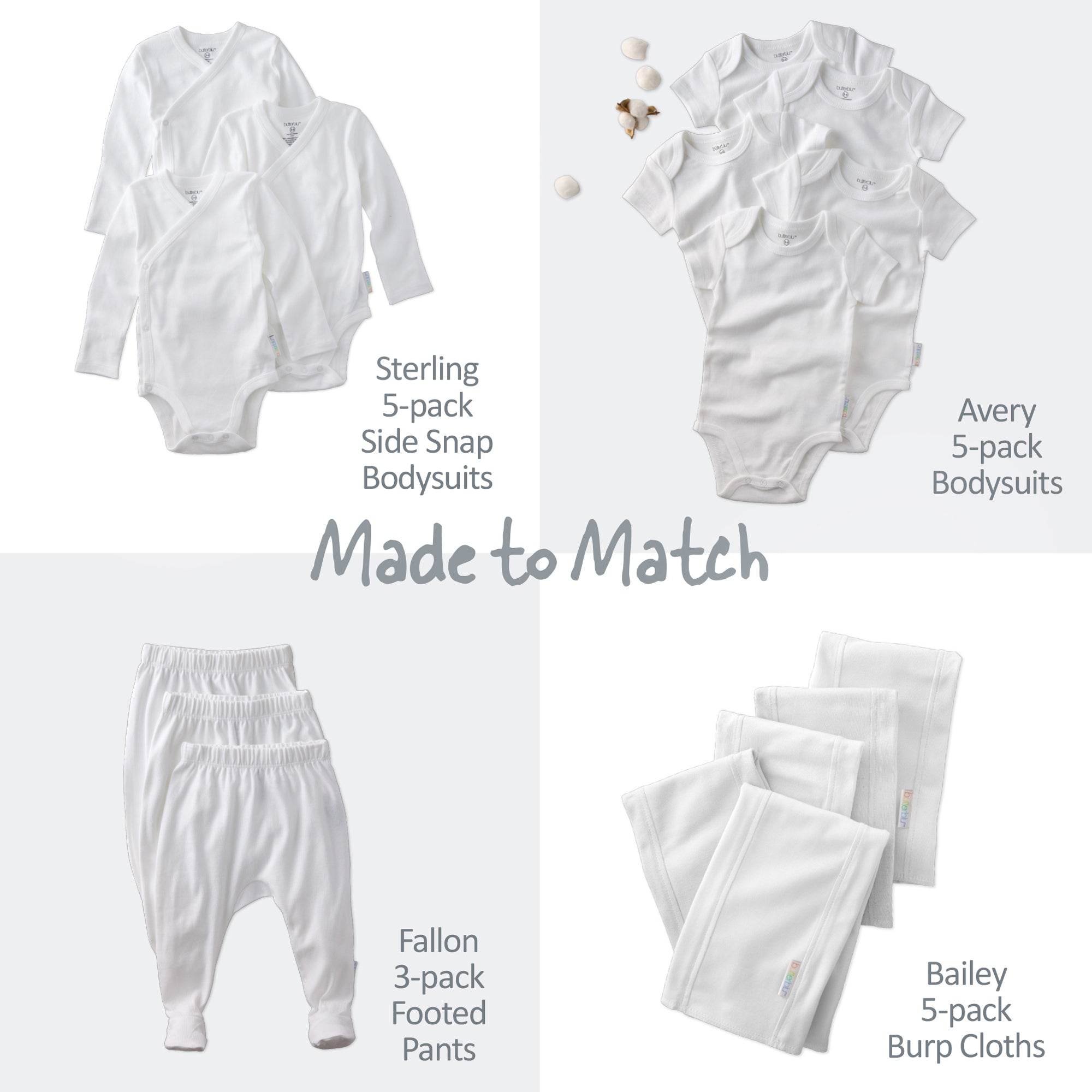 Baby clothing set with bodysuits, footed pants, and burp cloths on a white background.