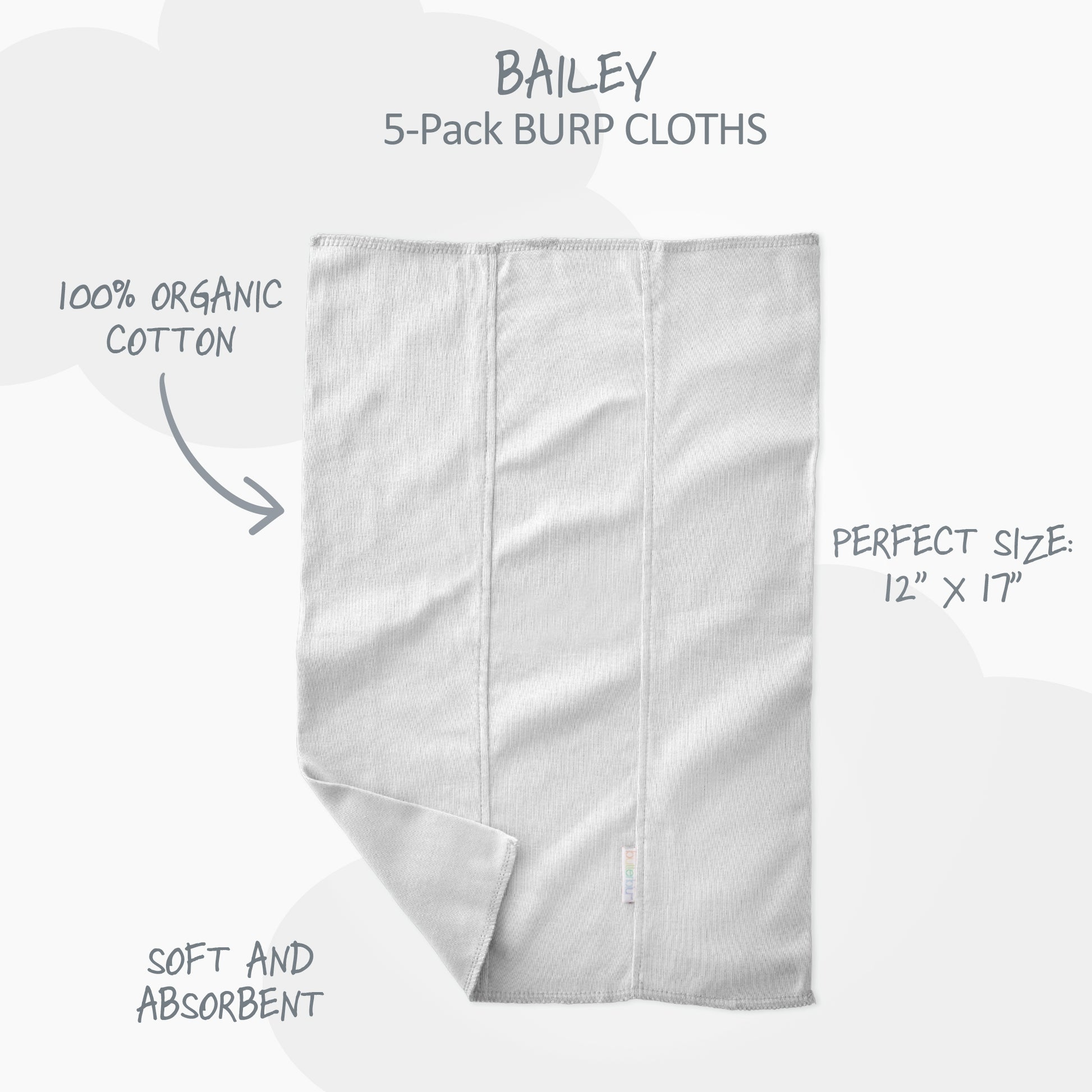 White burp cloth with product details on a white background