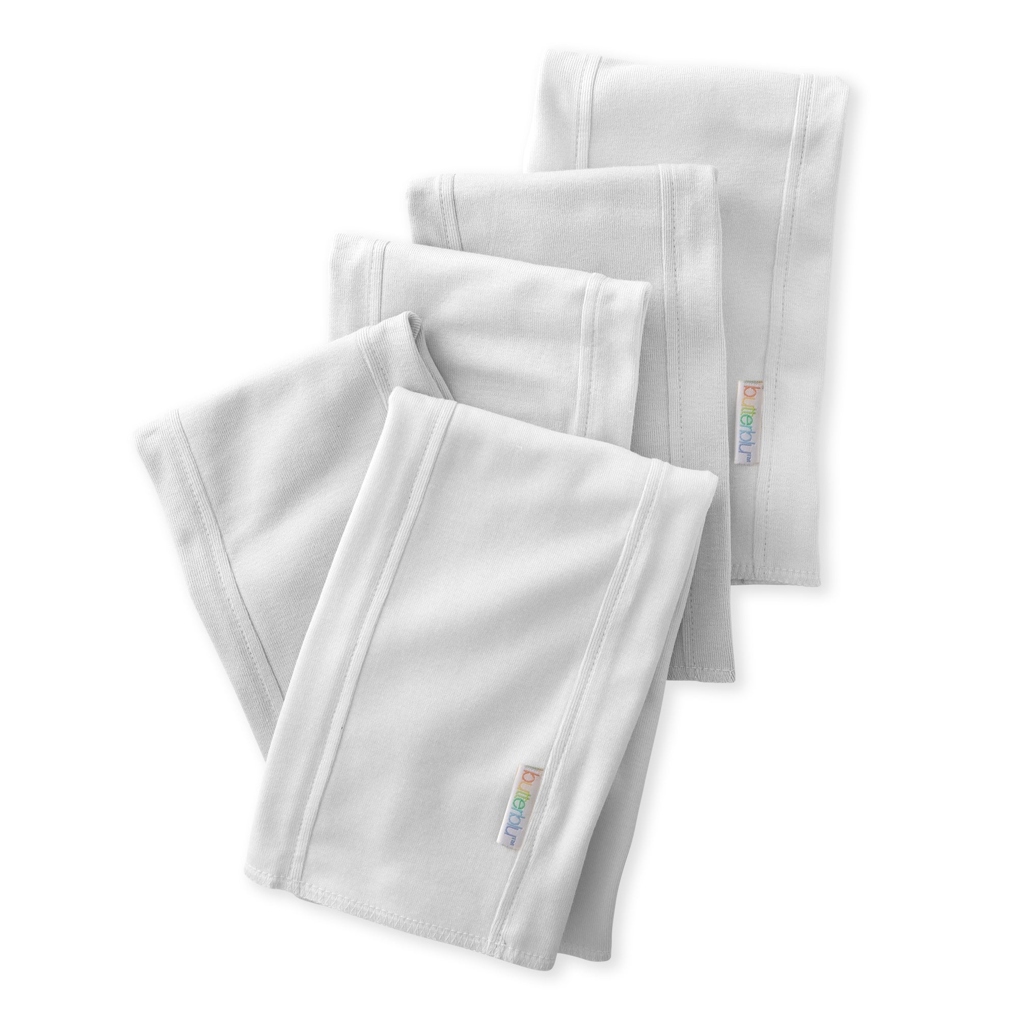 Set of white BAILEY Burp Cloths with colorful tags on a white background