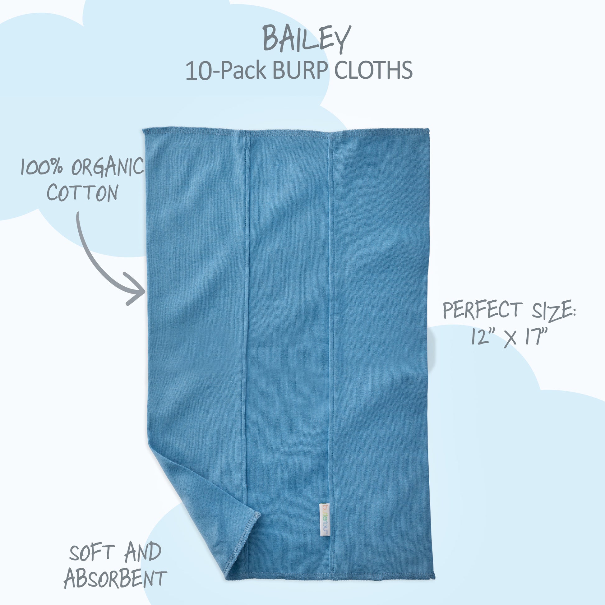 Blue burp cloth with text highlighting features on a light blue background