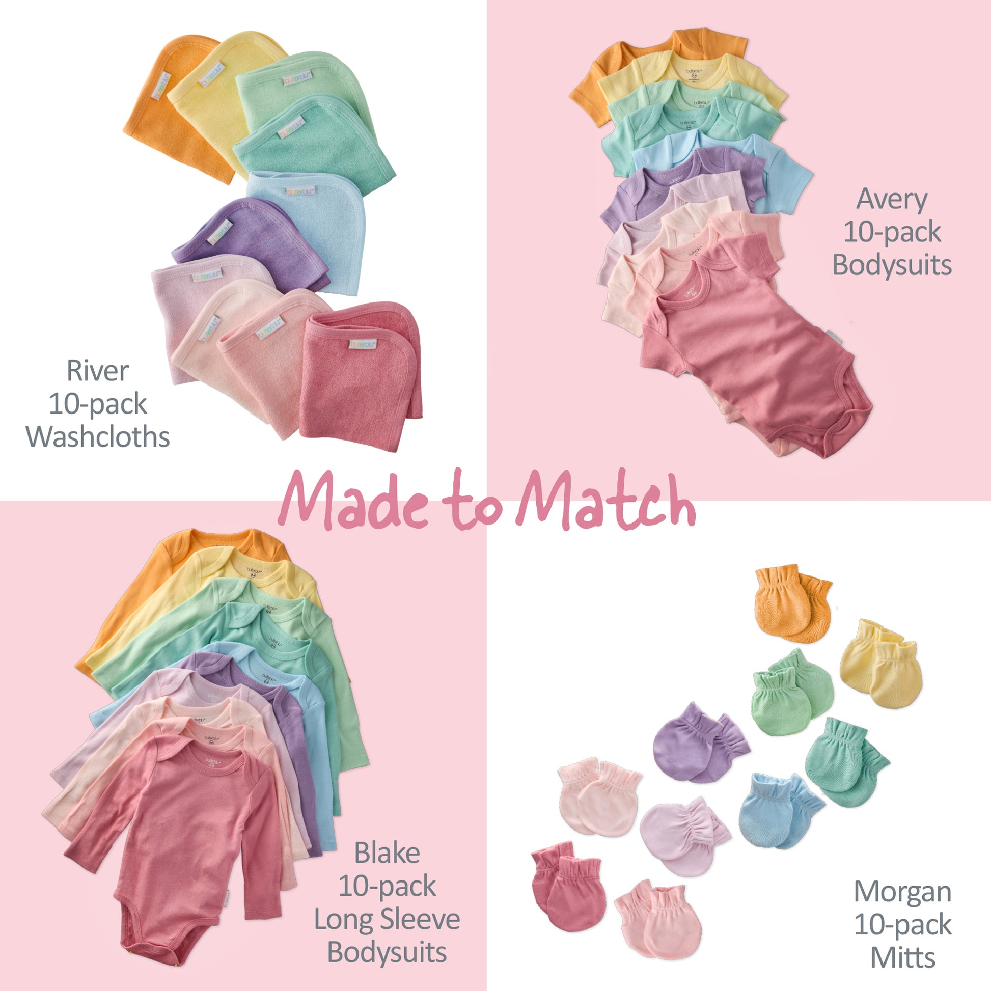 Collection of baby clothing including washcloths, bodysuits, and mitts in various colors on a pink background.