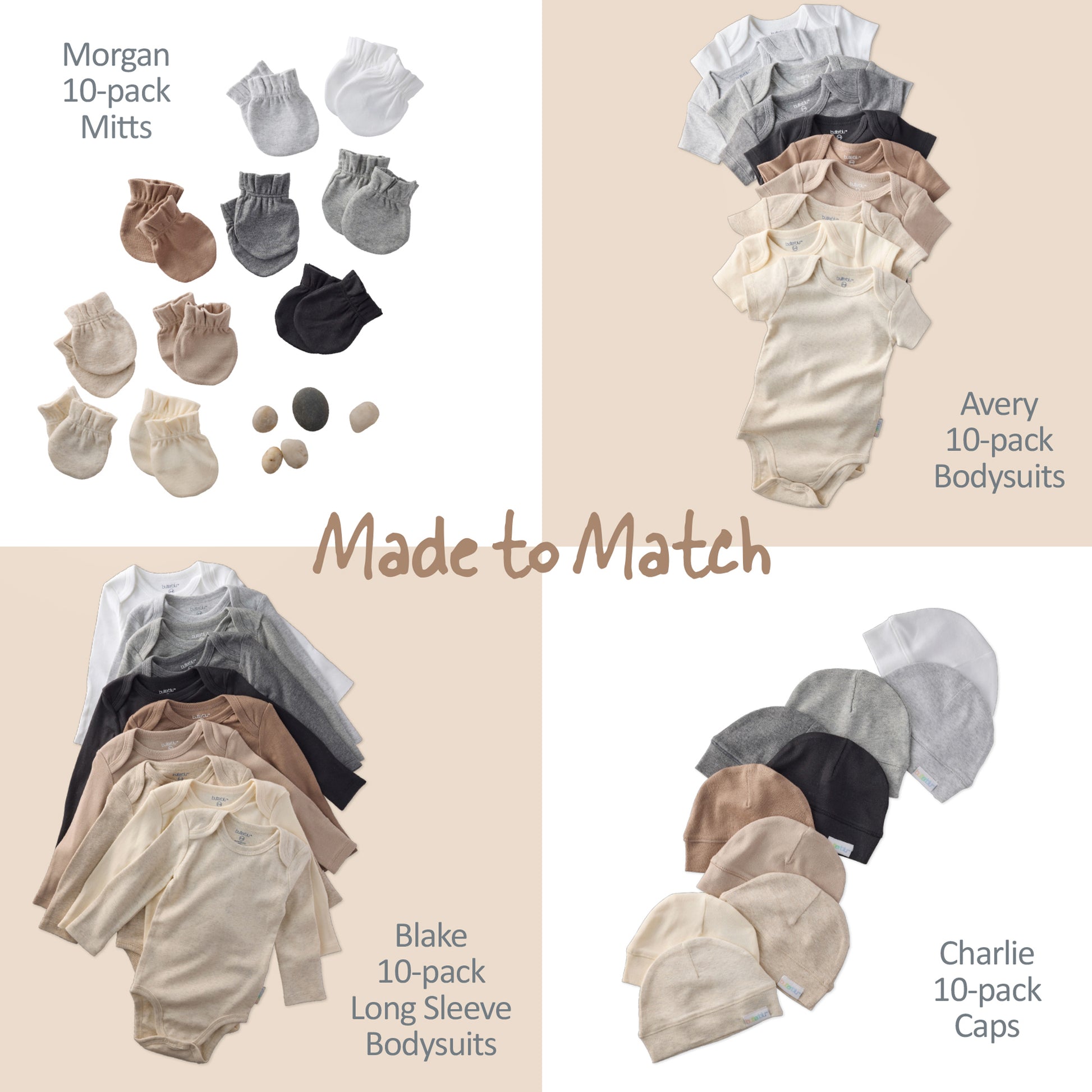 Collection of baby clothing items including mitts, bodysuits, long-sleeve bodysuits, and caps with color matching information.