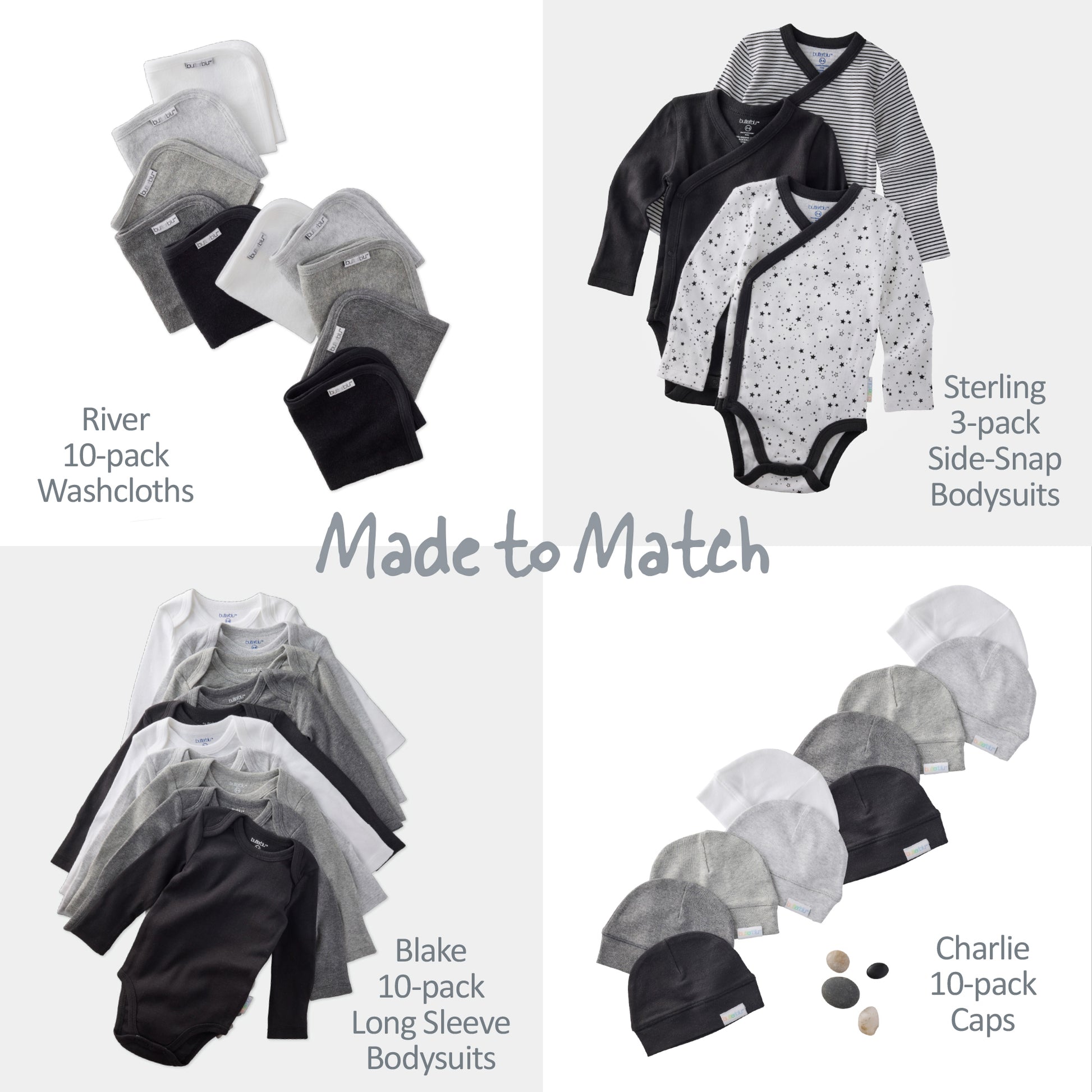 Baby clothing set with washcloths, bodysuits, and caps on a white background.
