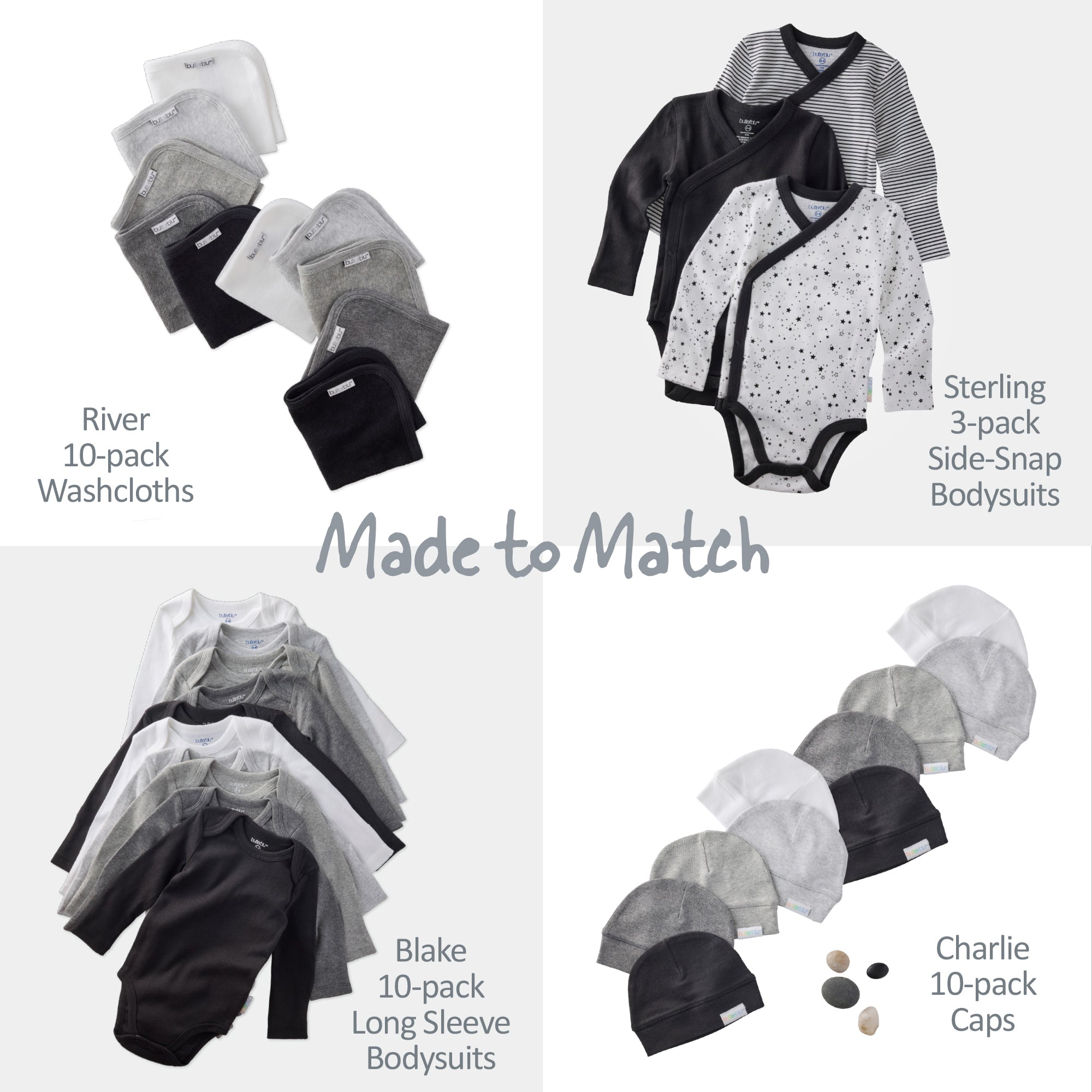 Baby clothing set with washcloths, bodysuits, and caps on a white background.