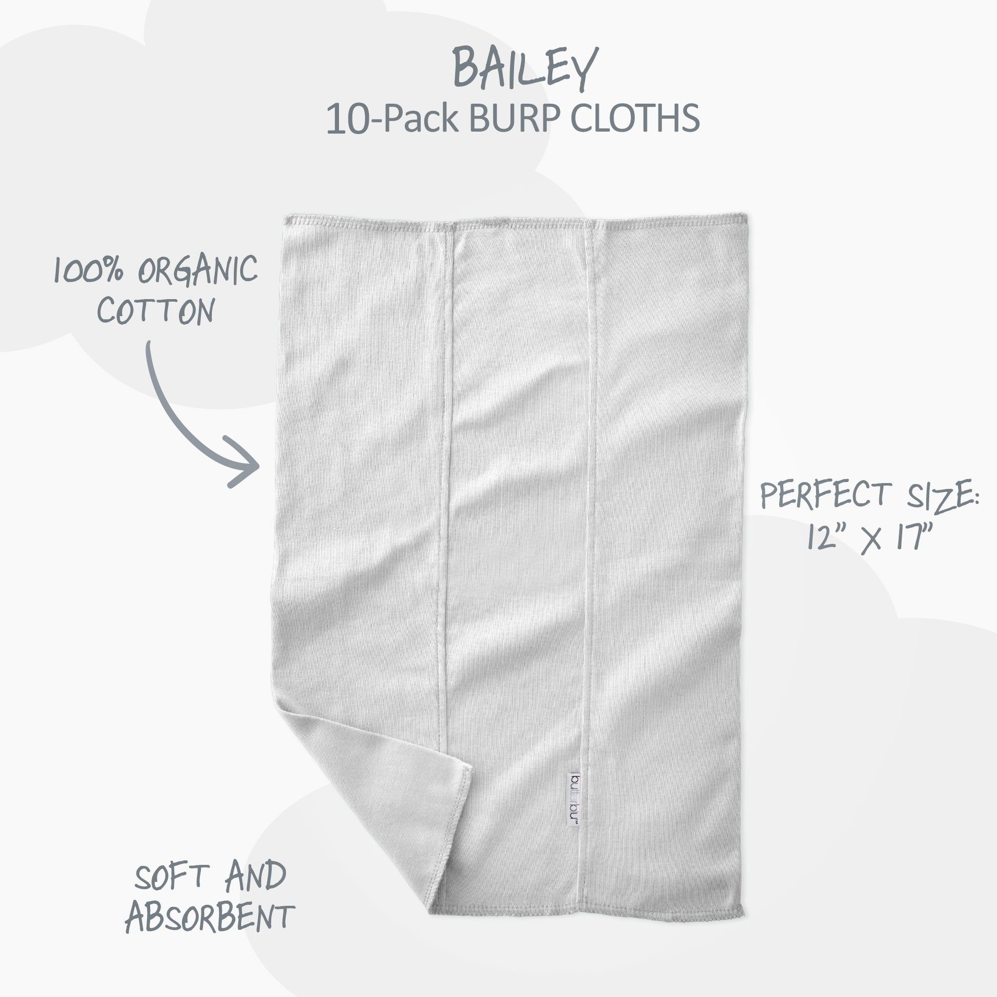 Gray burp cloth with product details on a white background