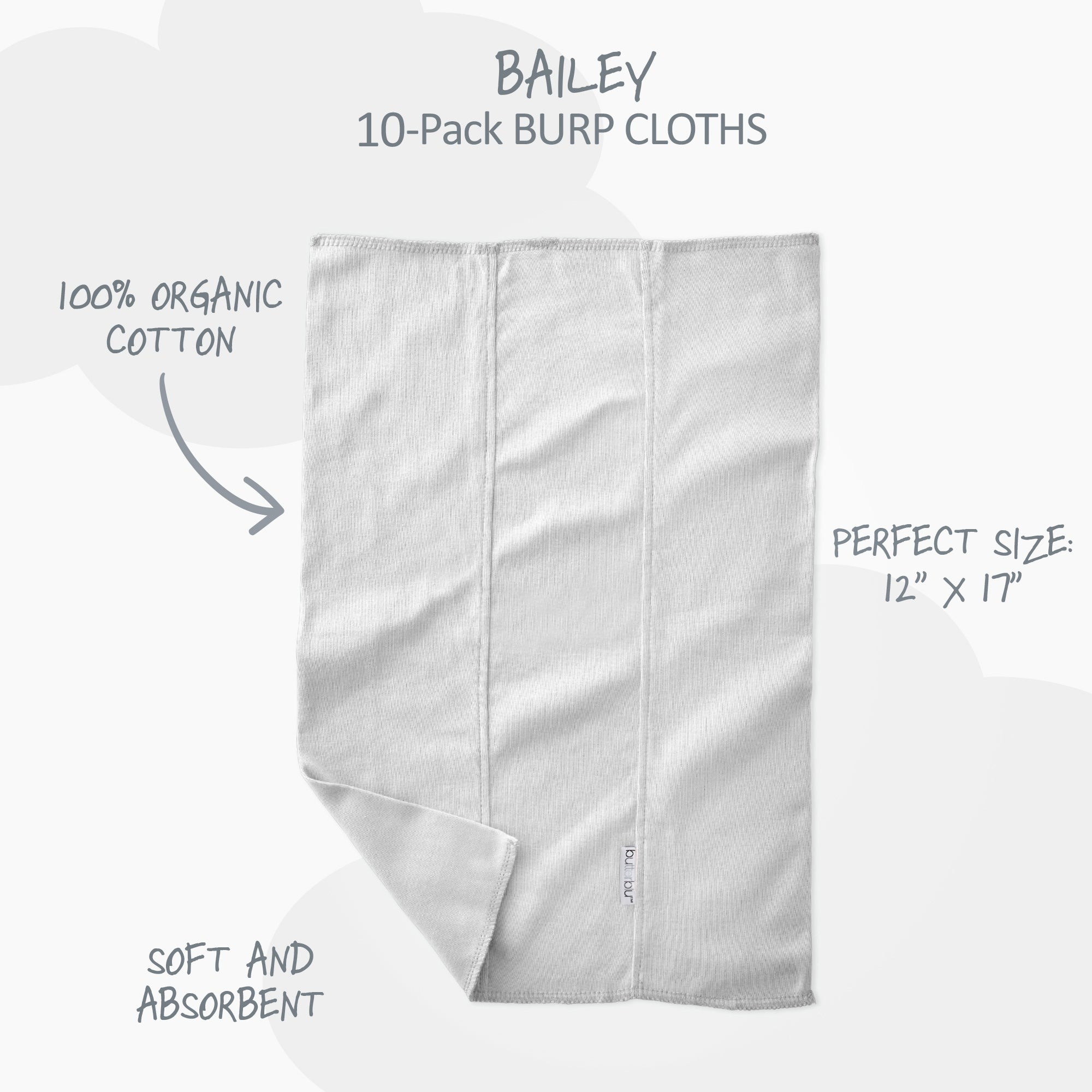 Gray burp cloth with product details on a white background