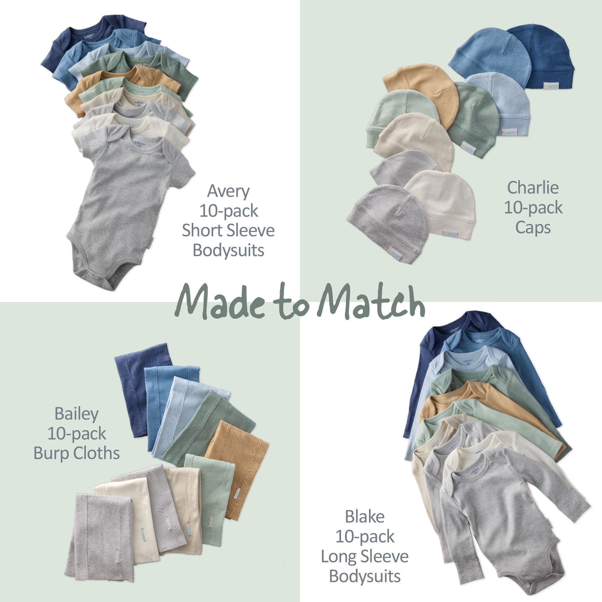Collection of baby clothing including bodysuits, caps, burp cloths, and long-sleeve bodysuits with matching theme.